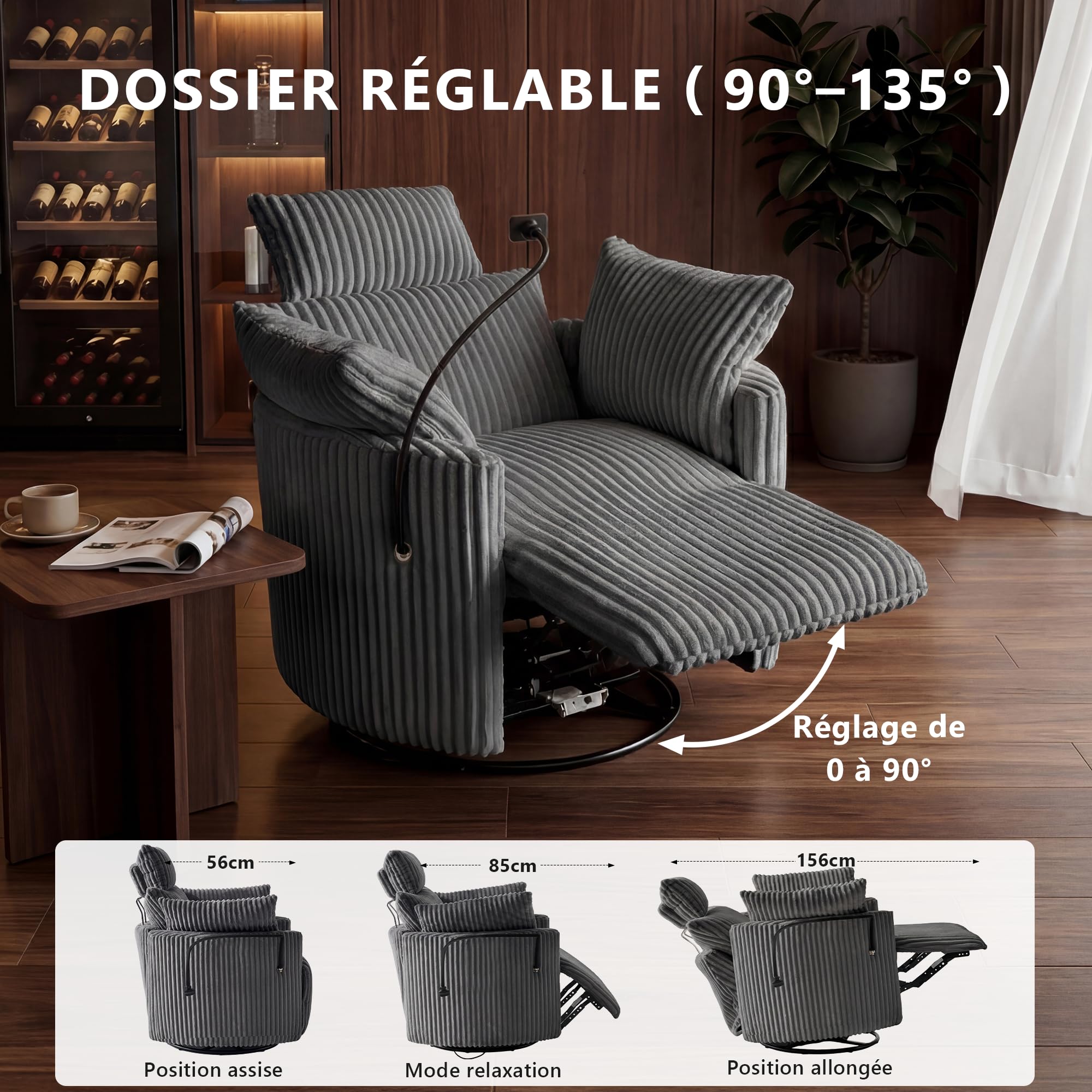 DEKKETO Fauteuil Relax Pivotant 360°, Inclinable & Basculant, Gris | Manuel, Velours Côtelé, Zéro Gravité, Support Téléphone, Dossier Réglable, Appuie-tête, pour Salon, Chambre Bébé, Home Cinéma