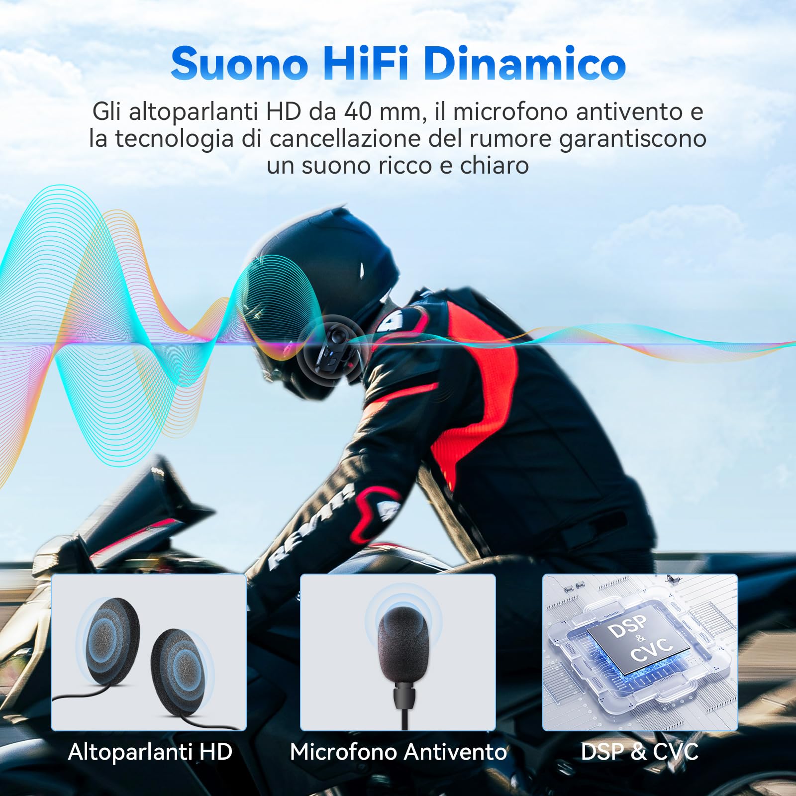 L1 Casco Moto Auricolari Bluetooth, Cuffie Bluetooth V5.3, Impermeabile IP67 con Altoparlanti Audio HD, Cancellazione del Rumore, Connettività a Doppio Dispositivo/Ricarica Rapida, Singola