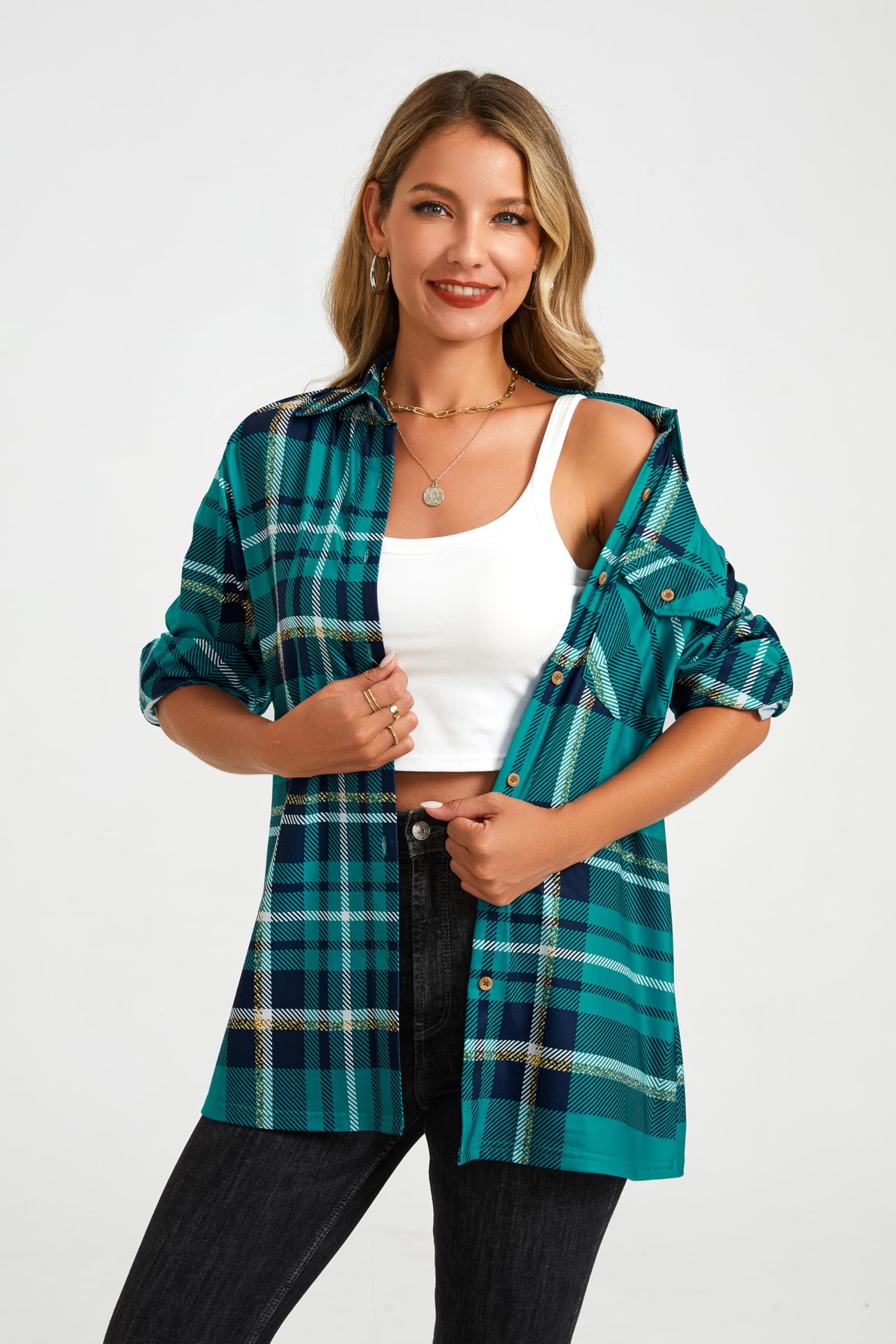 Enmain Chemise à Carreaux Femme Décontractée Manches Longues Classique Blouses Boutonnées