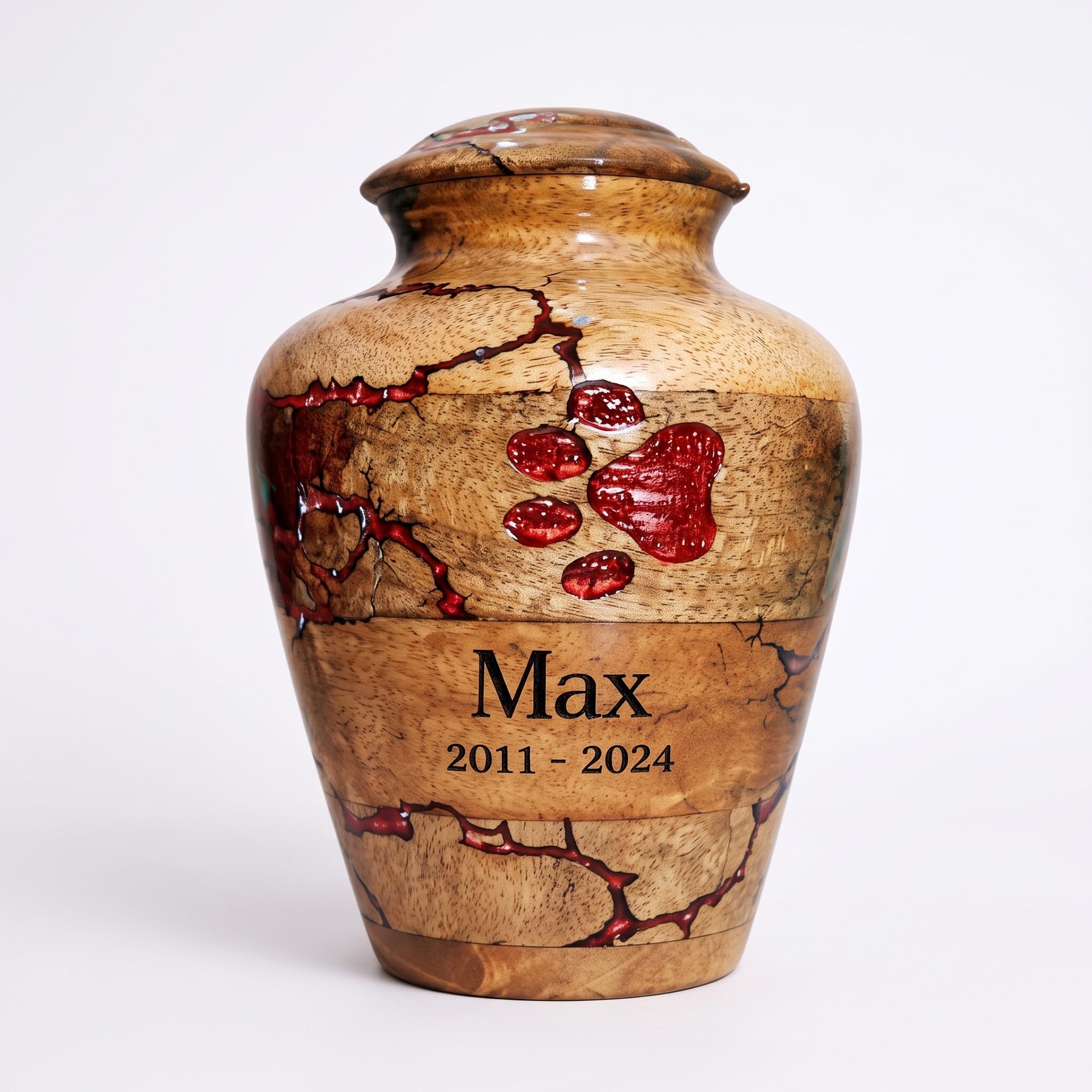 Emporium Crafts Wooden Urn - Personalized Pet Urns, Custom Cremation Urn - Memorial Keepsake Urn - Unique Decorative Urns, Resin Paw Inaly (Red) โ image 1