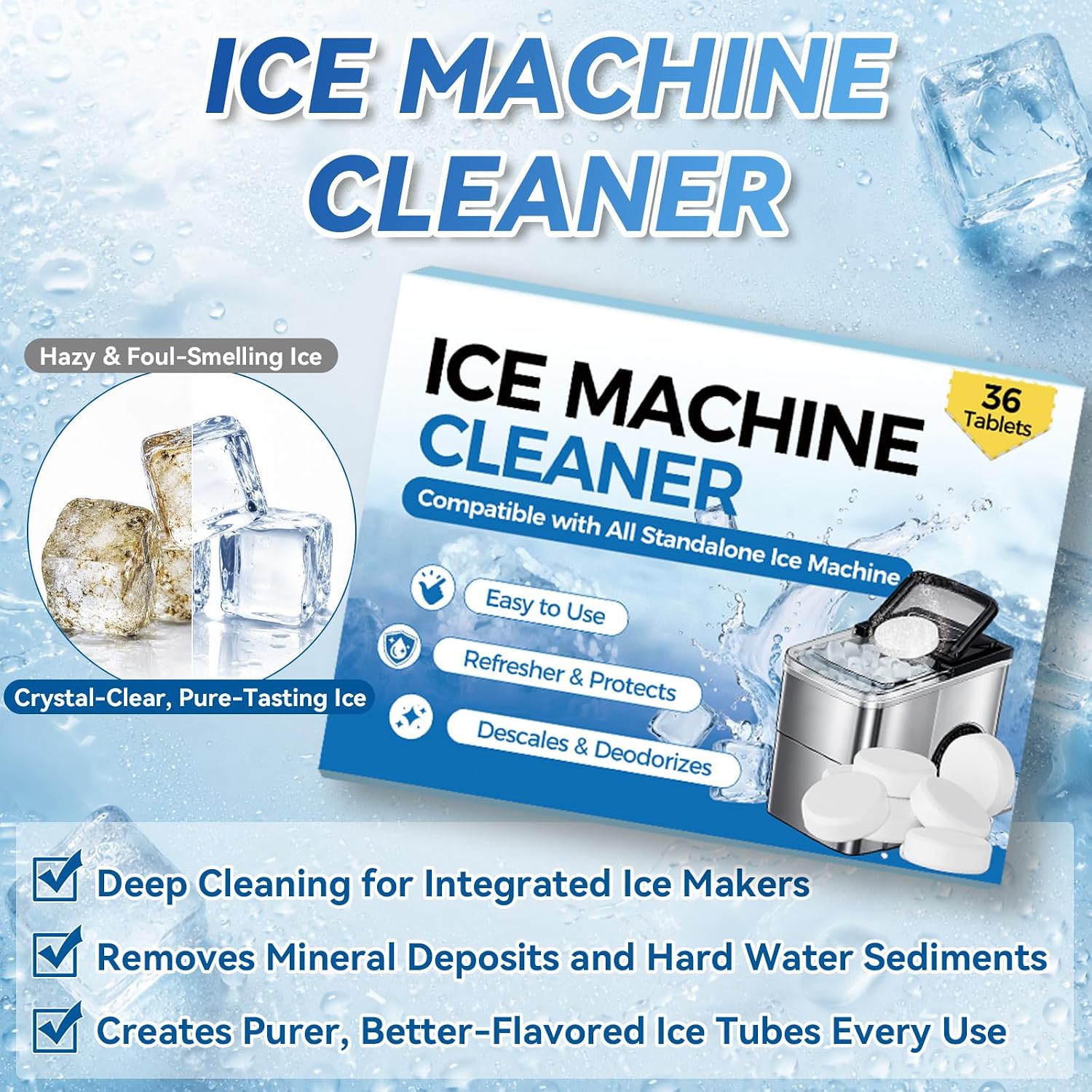 Ice Machine Cleaner Tablets, 36 Pack Ice Maker Cleaner for Counter Top, Portable, Nugget Ice Maker, Nickel Safe Ice Machine Cleaner to Remove Hard Water and Limescale for Clear