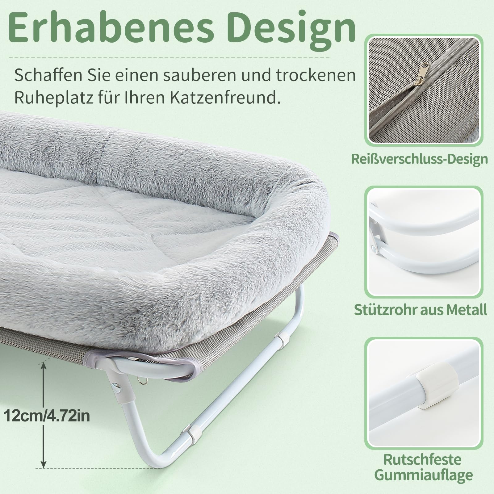GUUSII HOME Erhöhtes Katzenbett Katzenhängematte Große Freistehende Katzen Bett Hundebett für Kleine Hunde Haustier Katzensofa mit Metallstützrahmen Katzenliege Couch 64X40X19cm（Grau）