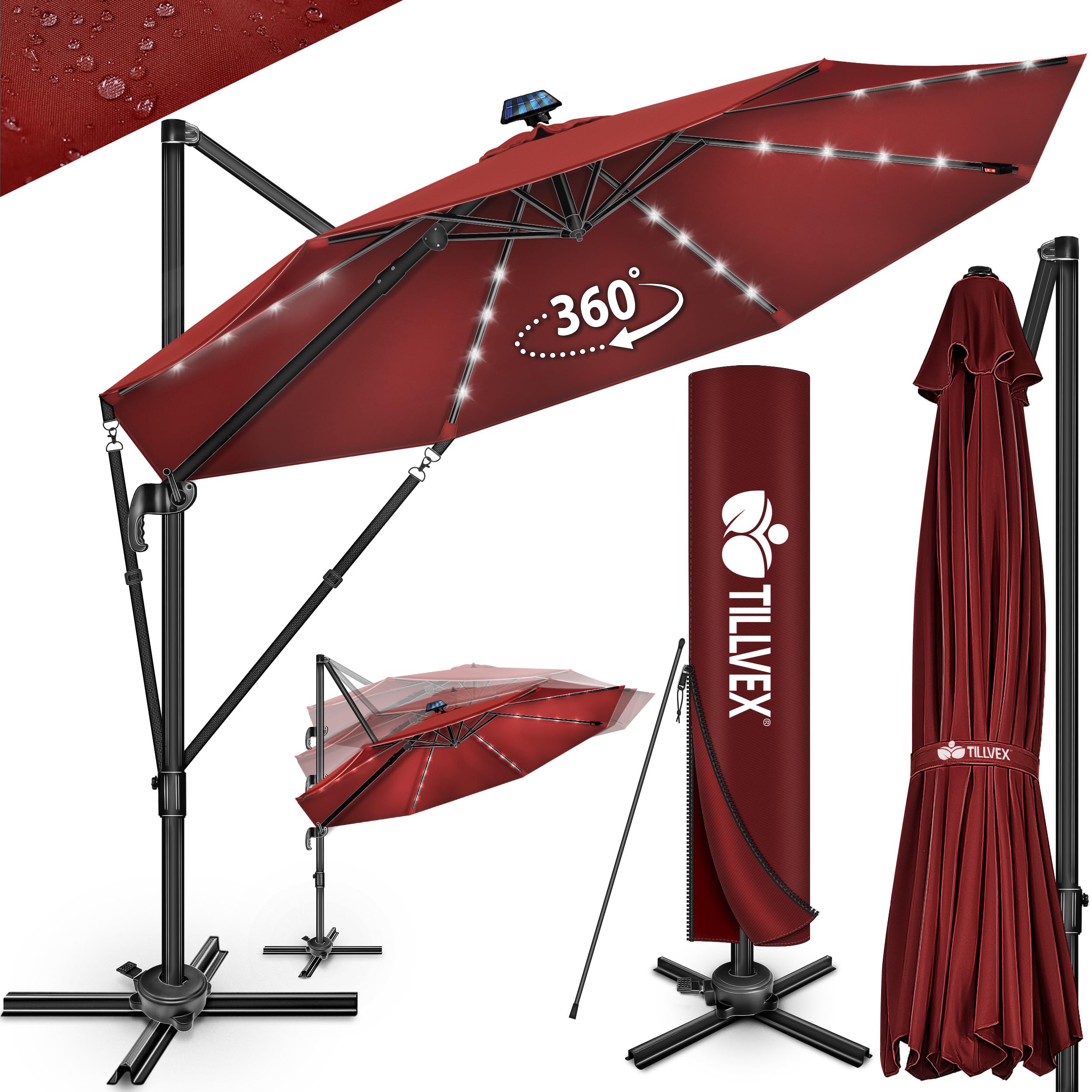 tillvex® Sombrilla Premium 330cm con manivela, cubierta y protección contra el viento, 6 posiciones ajustable con manivela, Parasol de jardín giratoria 360° & inclinable