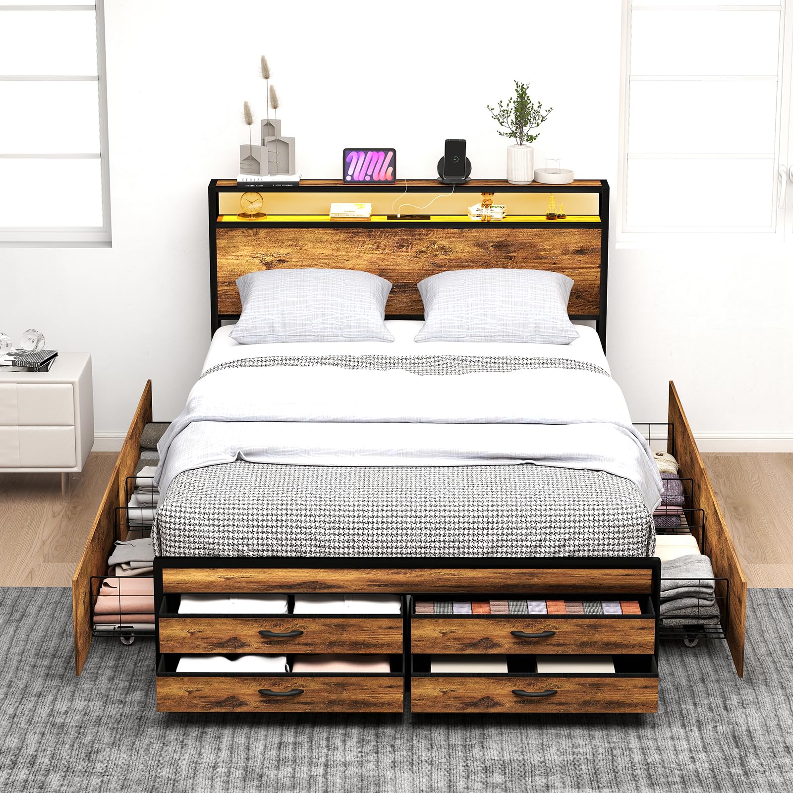 Zevemomo Queen Bed Frame with 8 Storage Drawers, Queen Metal Bed Frame with LED Light and Charging Station, Heavy Duty Metal Slats, No Box Spring