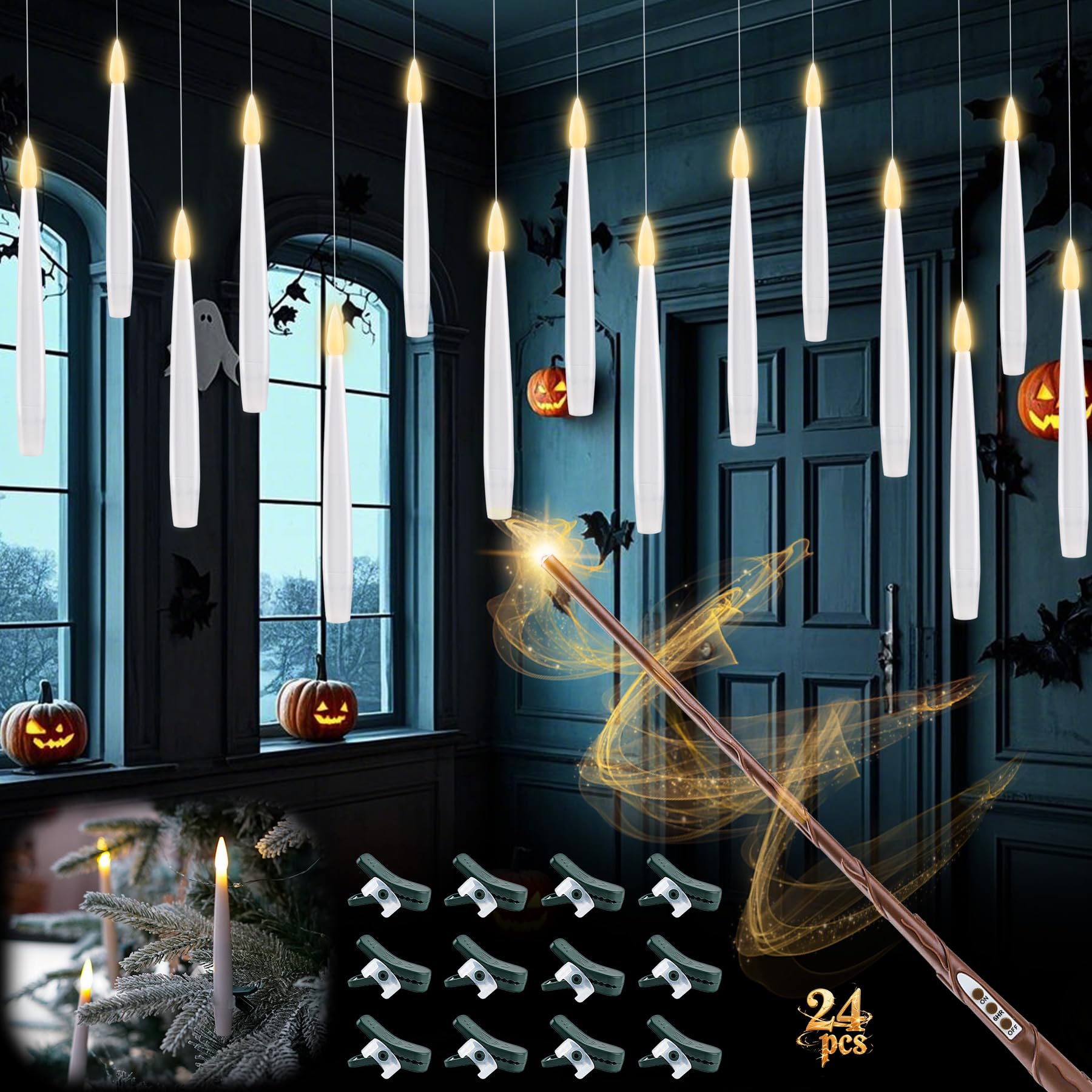 Rhytsing White 24 Flameless Clip On Candles With Magic Wand Remote For Christmas Tree, Battery Operated Hanging Candles With Fishing Line, Floating Candle With Timer For Halloween