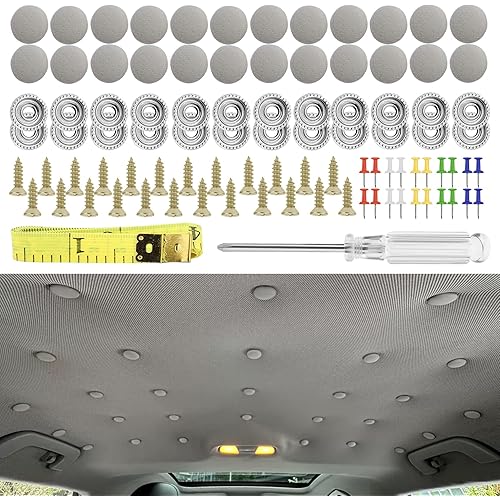 60PCS Car Roof Headliner Repair Kit, Auto Roof Snap Rivets Retainer with Installation Tool, Interior Ceiling Sagging Headliner Cloth Fixing Repair Buckle Universal for Most Vehicles (Grey Flannelette)