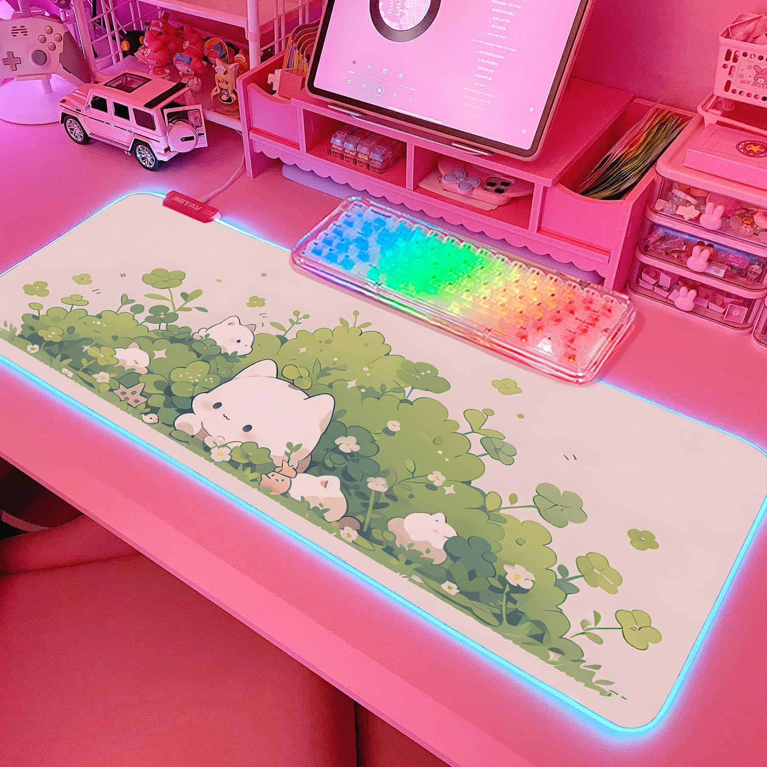 JMIYAV Pink RGB Gaming Mouse Pad 31.5x12 Inch PC XL Large Extended Glowing Led Light Up Desk Pad Non-Slip Rubber Base Computer Cute Mousepad Mat Desk Accessories Gaming Setup 590