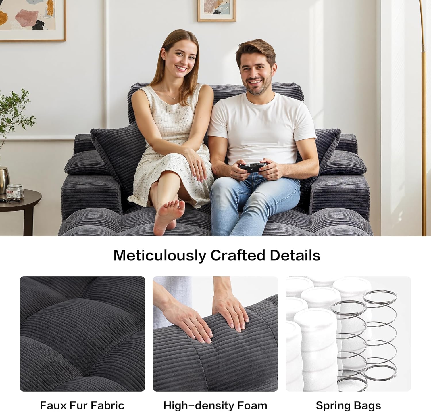 50" Oversized Boneless Chaise Lounge Chair Indoor, Plush Faux Fur Cloud Sofa Couch with Pillows, No Assembly Deep Seat Reading Chair Bed, Cozy Floor Couch for Living Room or Bedroom