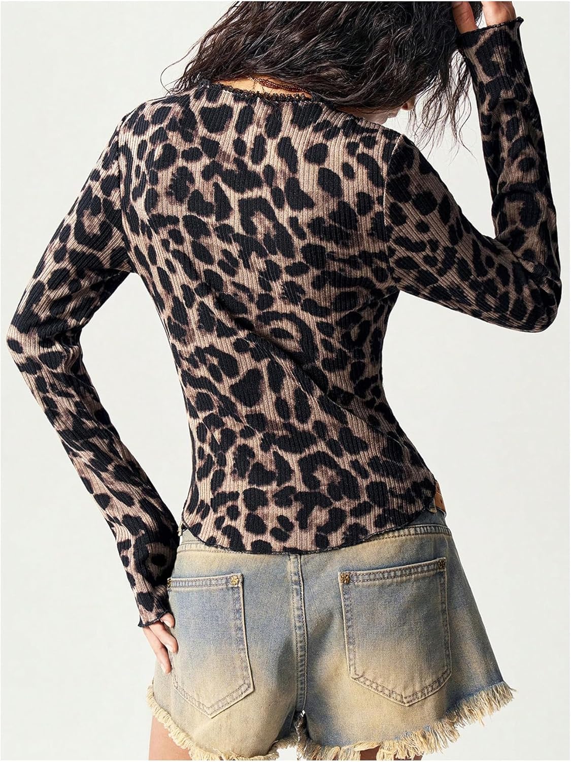 Women's Leopard Cheetah Button Down V Neck T Shirts Lace Ribbed Knit Long Sleeve Top Fall Outfits - Image 4