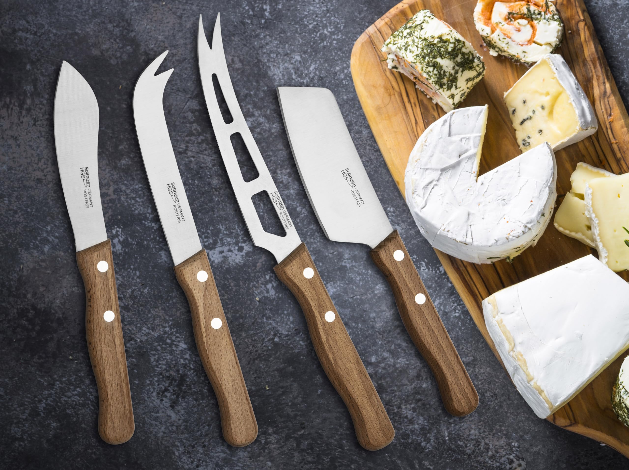 GEHRING| Solingen Käsemesser Set 4tlg. LOOK, Käseschneider mit Buchenholzgriff, für Hartkäse, Weichkäse, Streichkäse, mit Käsebeil, Besteck