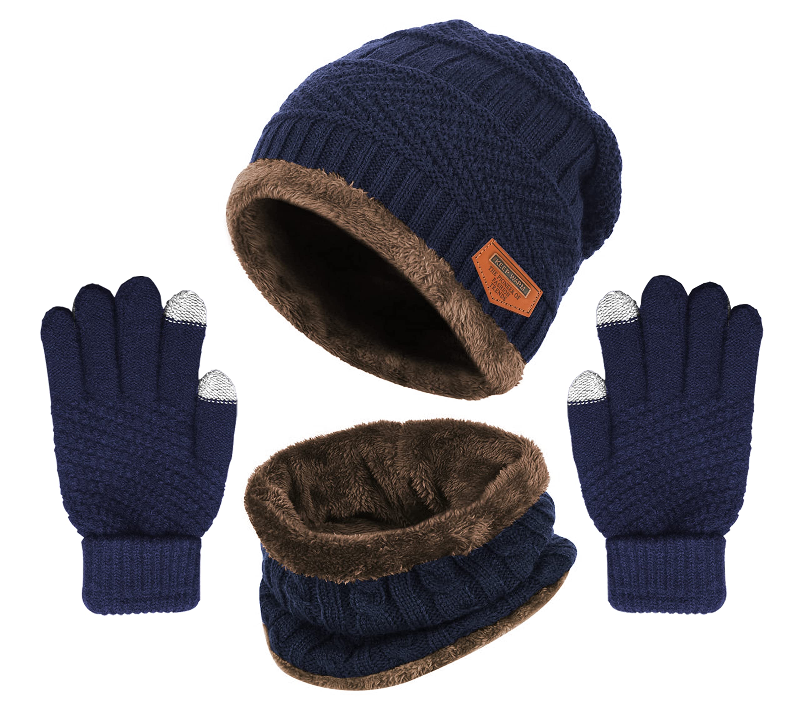 Winter Knit Beanie Hat Neck Warmer Gloves Set, Fleece Lined Skull Cap Scarves Touch Screen Mittens for Men Women Boys