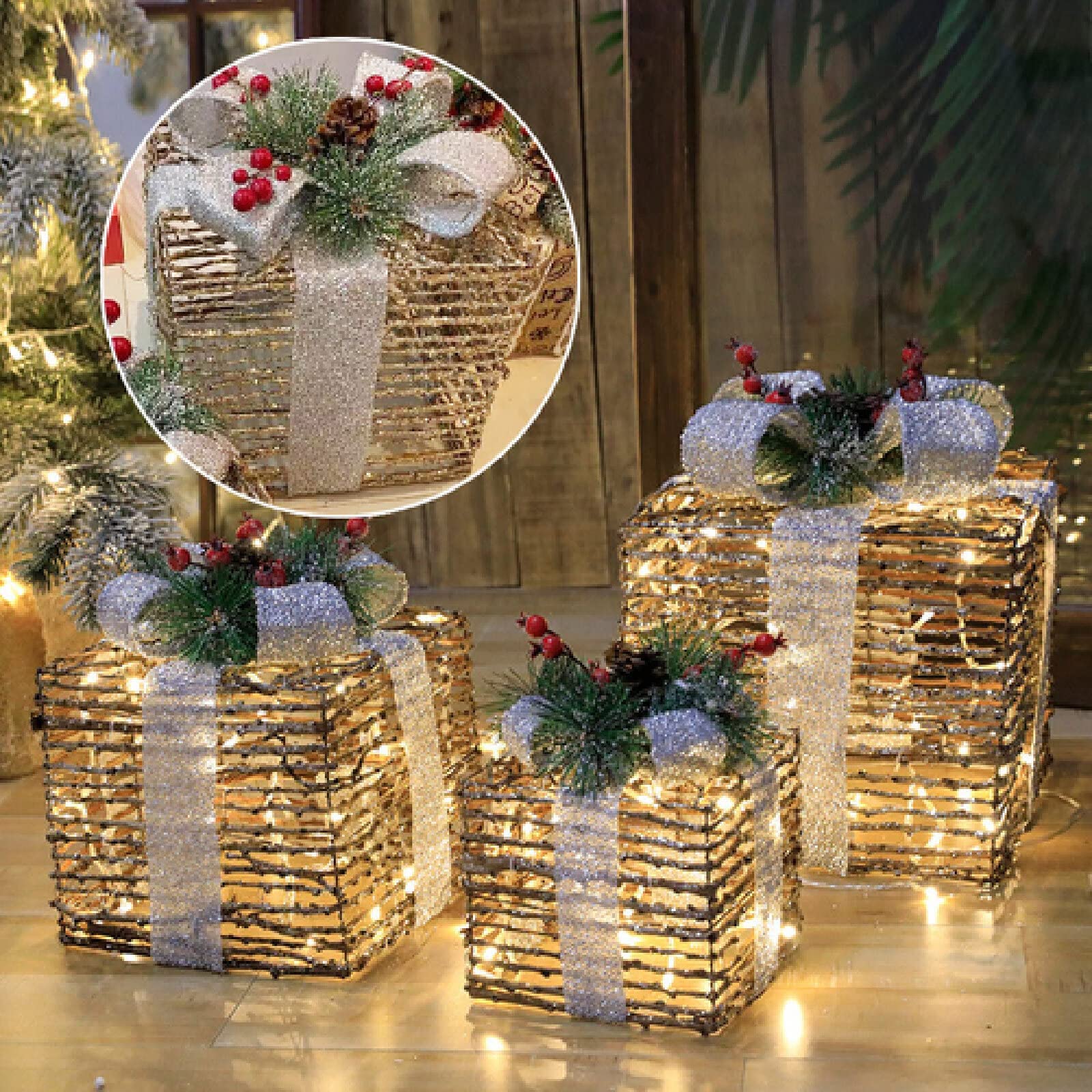 Cajas de regalo para Navidad, Juego de 3 cajas iluminadas con lazos, arte del hierro LED, decoración iluminada de ratán, cajas iluminadas for regalos al aire libre for decoraciones navideñas en el hog