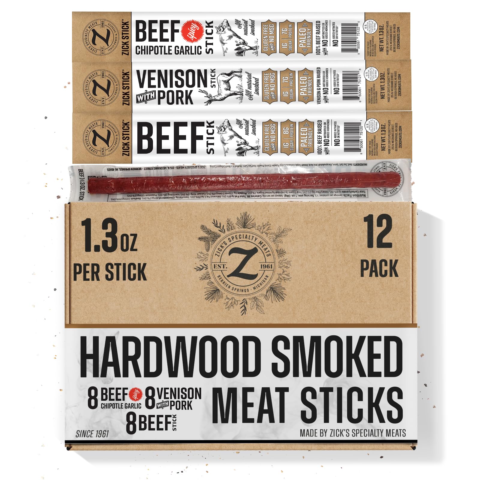 Zick's Gourmet Gift Box Meat Sampler 1.3oz | Original Beef, Spicy Chipotle Garlic, Venison with Pork | Premium Presentation, Gluten-Free, Paleo Friendly Protein Snack Set | Mixed 12 Pack - Giftbox