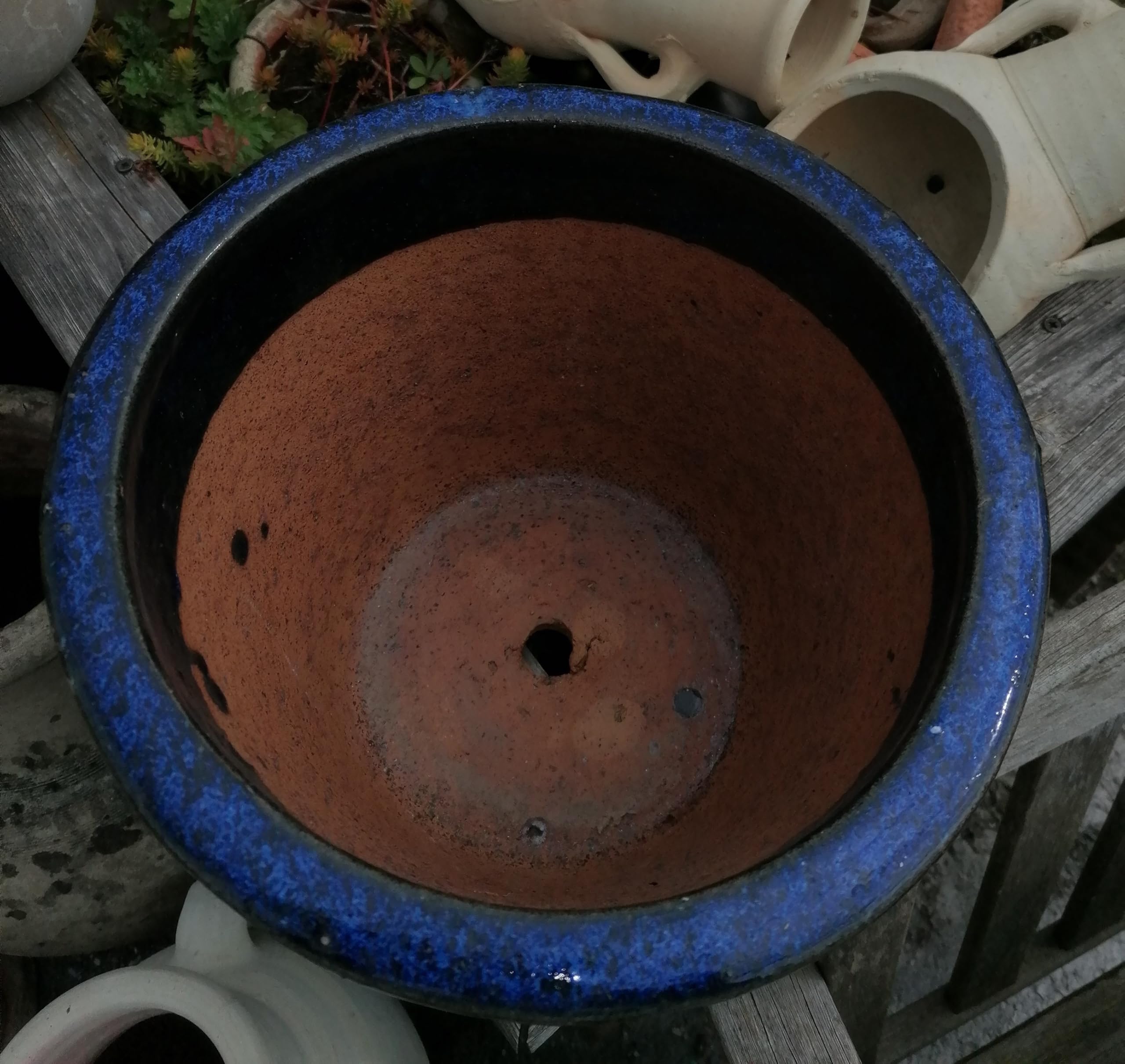 B-Ware !! Robuster winterfester Blumentopf ca. 37 cm Durchmesser, blau glasiert Steingut Garten Deko Blumenkübel Pflanztopf