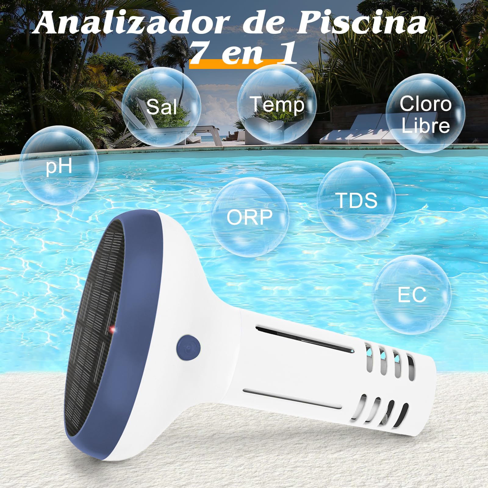 Medidor Cloro y pH Piscinas WiFi, Analizador Inteligente 7 en 1 Agua Piscina Salina, Mide pH, Cloro Residual, Sal, ORP, EC TDS, Temp con Carga Solar