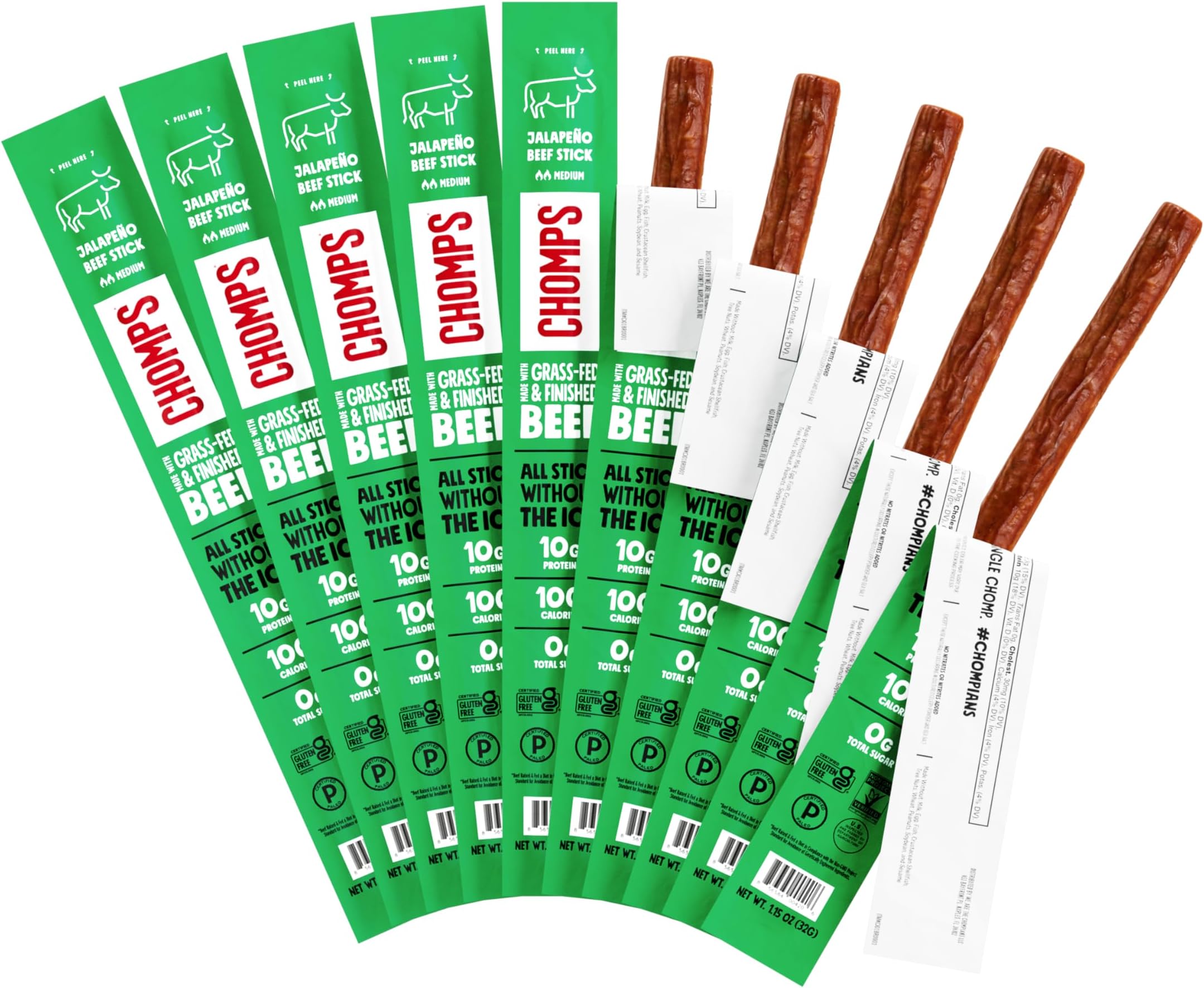 Grass-Fed and Finished Jalapeño Beef Jerky Snack Sticks 10-Pack - Keto, Paleo, Whole30, 10g Lean Meat Protein, Gluten-Free, Zero Sugar Food, Non-GMO