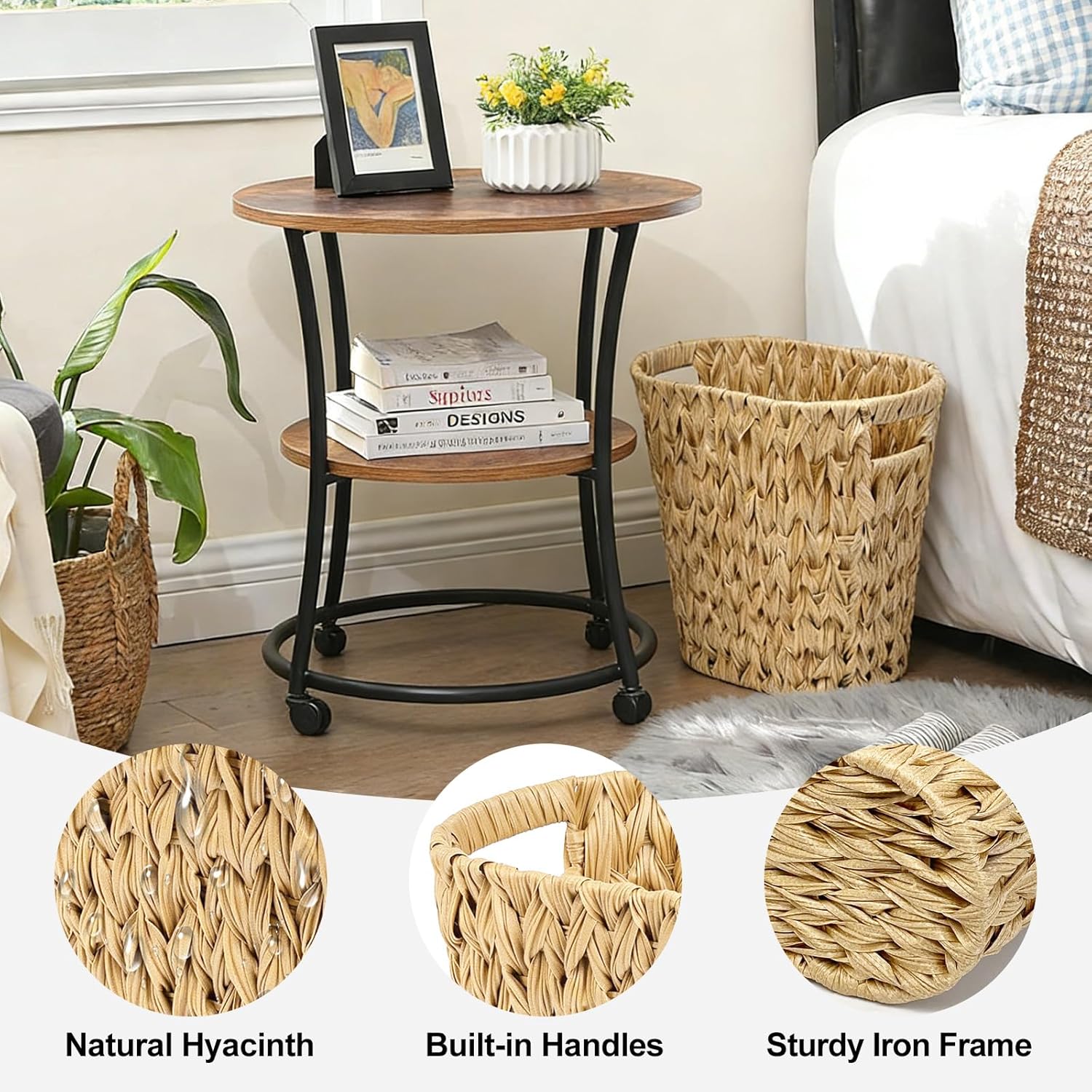 Wicker Bathroom Trash Can, Waterproof Rattan-Style Waste Basket with Handles, Decorative Garbage Bin for Bedroom, Office, 12.6×7.5×12.2 Inch (1, Linen)