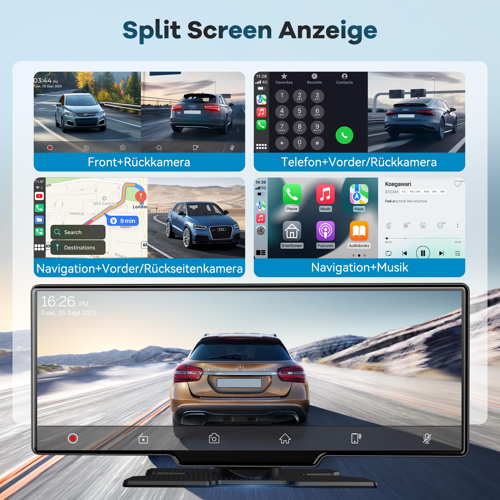 2026 Neuestes 10,26 Zoll Carplay Display & Android Auto Display: Buddy Display mit GPS Navigation 4K Dashcam Rückfahrkamera Bluetooth 5.2 Siri Sprachsteuerung IPS Touchscreen Mirror Link AUX FM 64G TF