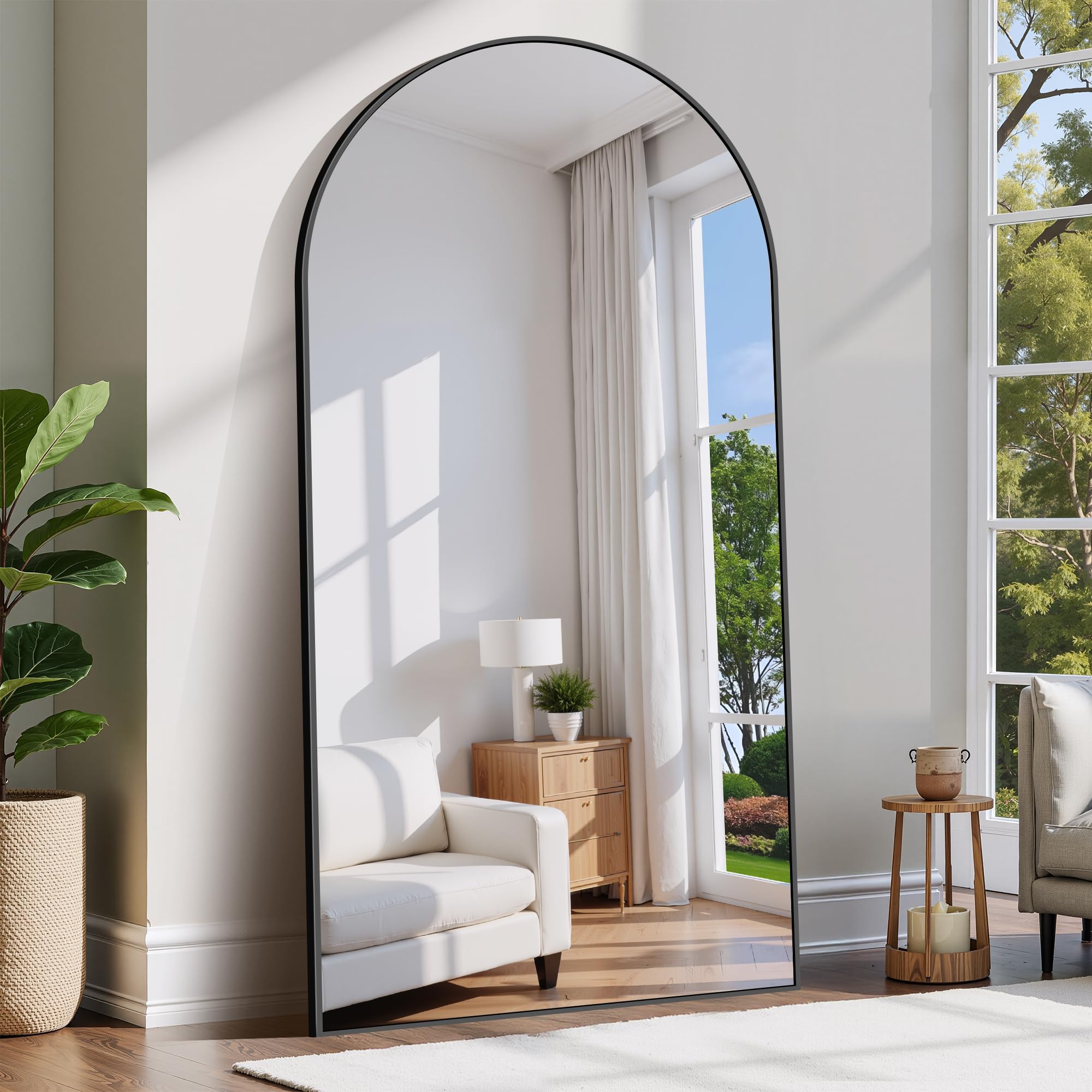 COFENY Espejo de Pie Cuerpo Entero Curvado 206 x 104 cm, Espejos Grandes de Pared con Marco de Aluminio, Espejo de Pie Inclinado o Colgante para Salón, Dormitorio, Entrada, Negro