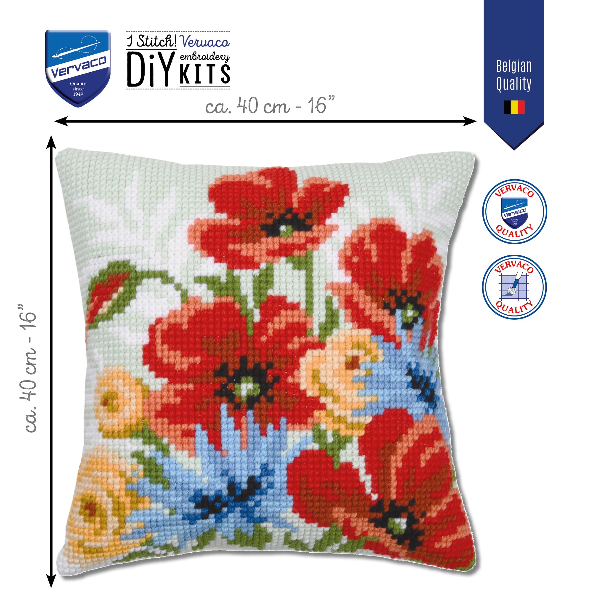 VERVACO Zestaw do Haftu Krzyżykowego Poduszka BUKIET MAKÓW Kanwa z Nadrukiem 40 x 40 cm Gruba Włóczka Akrylowa Zrób to Sam Dekoracja Domu DIY Cross Stitch Kit