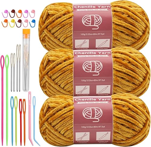 Miniatura 8 de LUNARM 3 hilos de felpilla de 3.53 onzas, hilo para tejer a ganchillo con agujas de ojo grande, para tejer artesanías, hilo de chenilla suave para