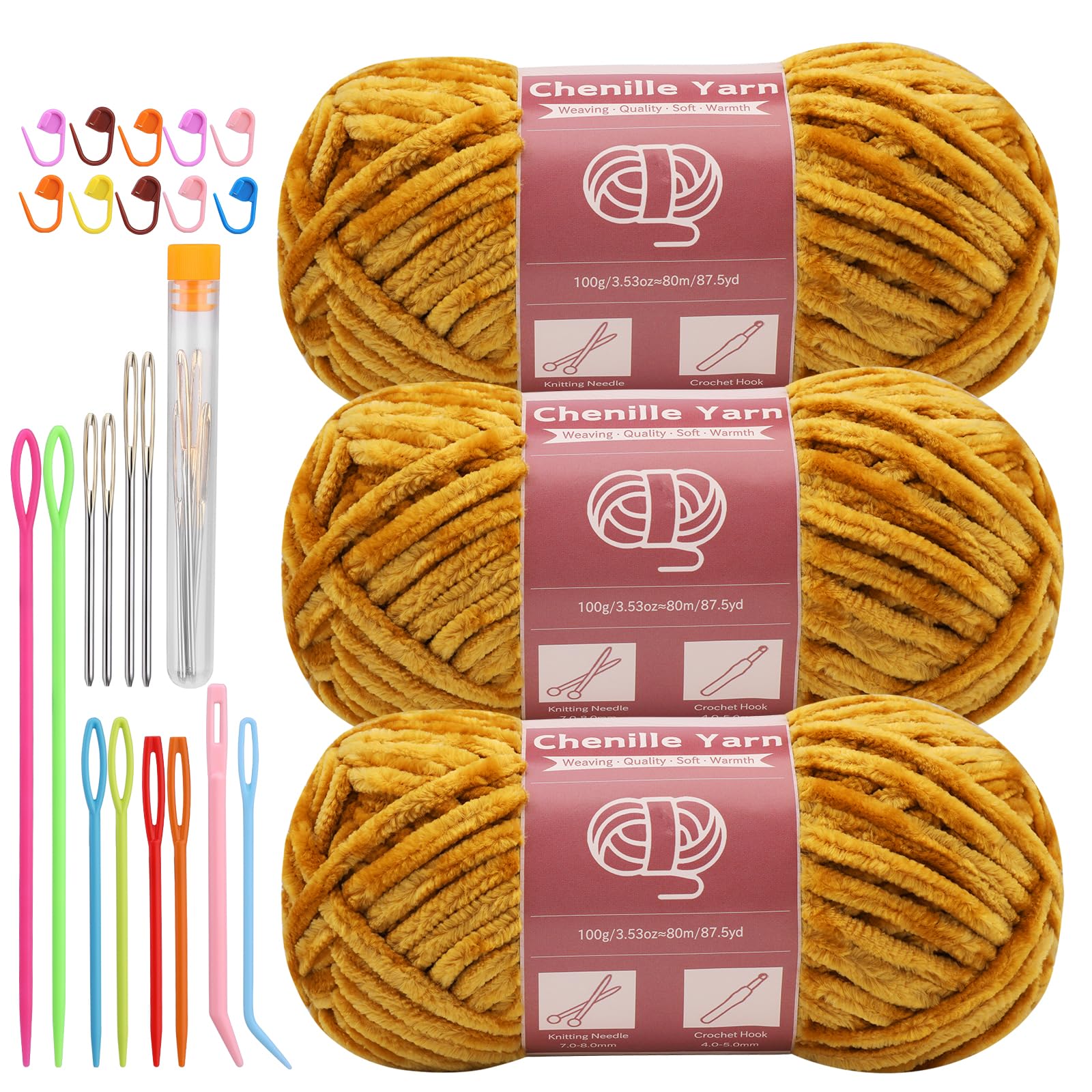 LUNARM Chenille Yarn 3 Pack 3.5oz Chunky Blanket Velvet Yarn 263 Yard | Deep Yellow Chunky Chenille Yarn for Beginners Crocheting Hand Knitting Scarves with Big Eye Needles Machine Washable