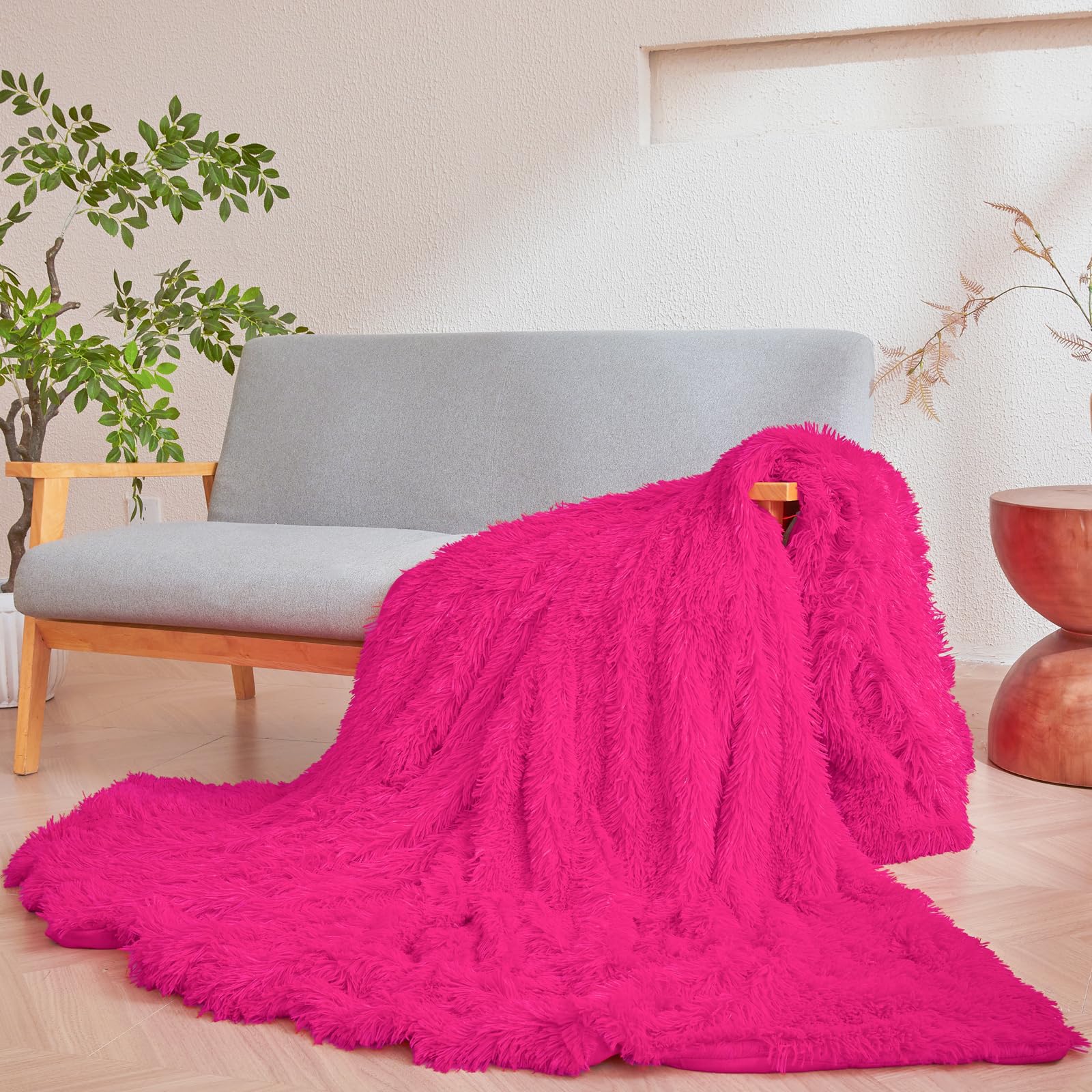 Hot Pink Faux Fur Furry Shaggy Plush Fuzzy Blanket, 50"x60" Ultra Soft Decorative Throw for Couch or Bedroom, Cozy Blanket for Women, Men, Teens and Girls