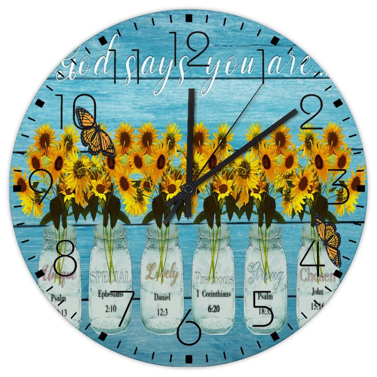 Horloge murale chrétienne florale et silencieuse décoration bois