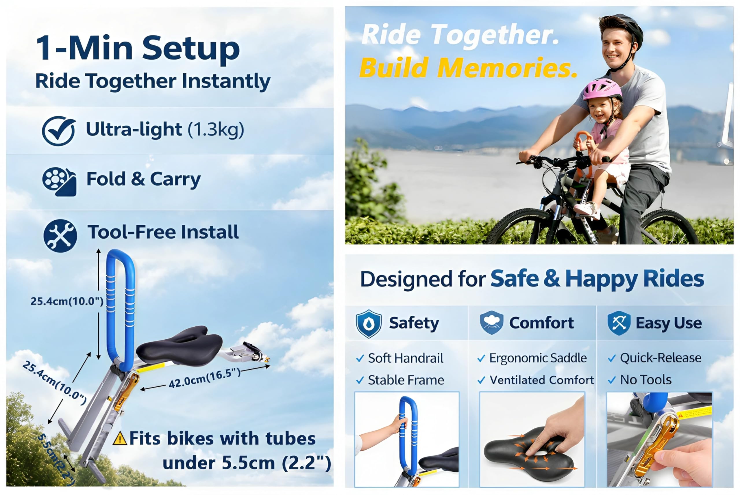 UrRider Siège de Vélo pour Enfant Pliable Portable Montage Avant à Dégagement Rapide sans Outil