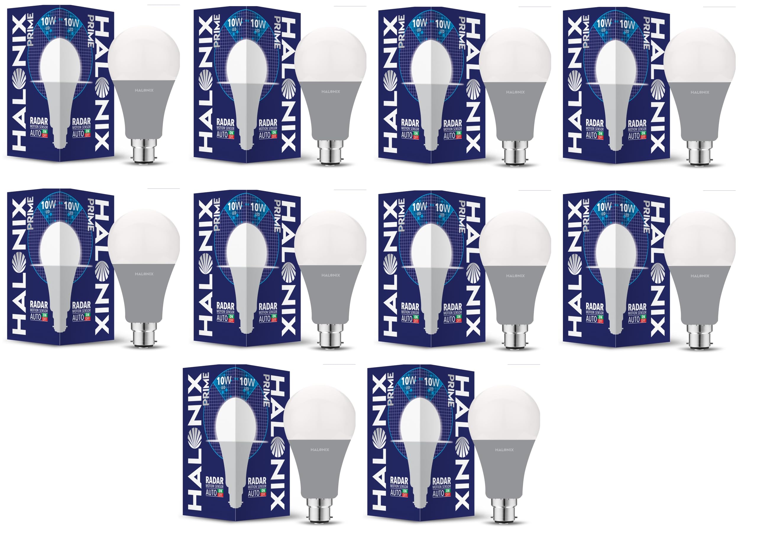 Halonix 10W Auto-on-Auto off Radar Motion Sensor Led Bulb | Auto on-Auto off led bulb | Color- White | Base- B22 | Pack of 10 |