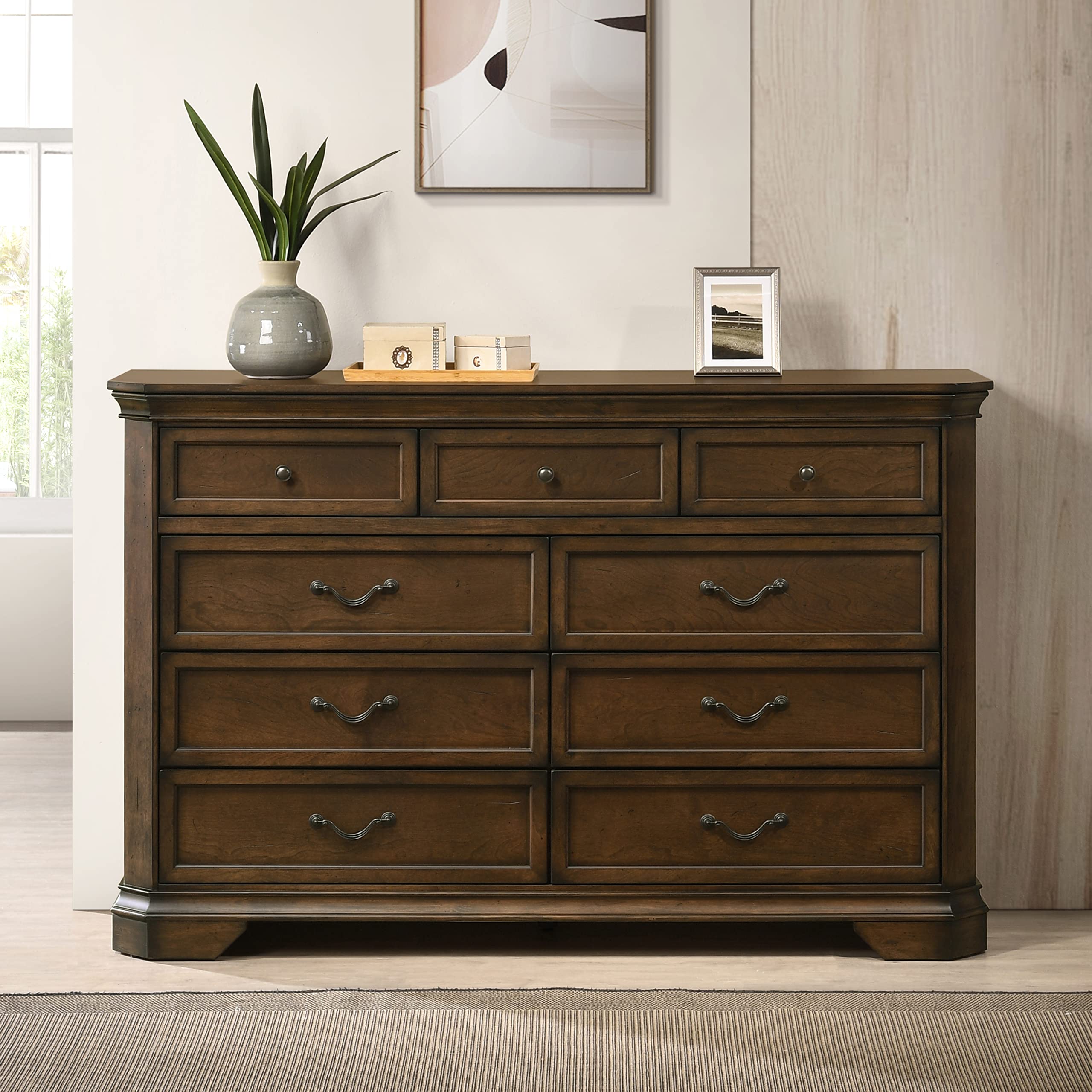 roundhill furniture maderne traditional wood 9-drawer dresser, antique walnut