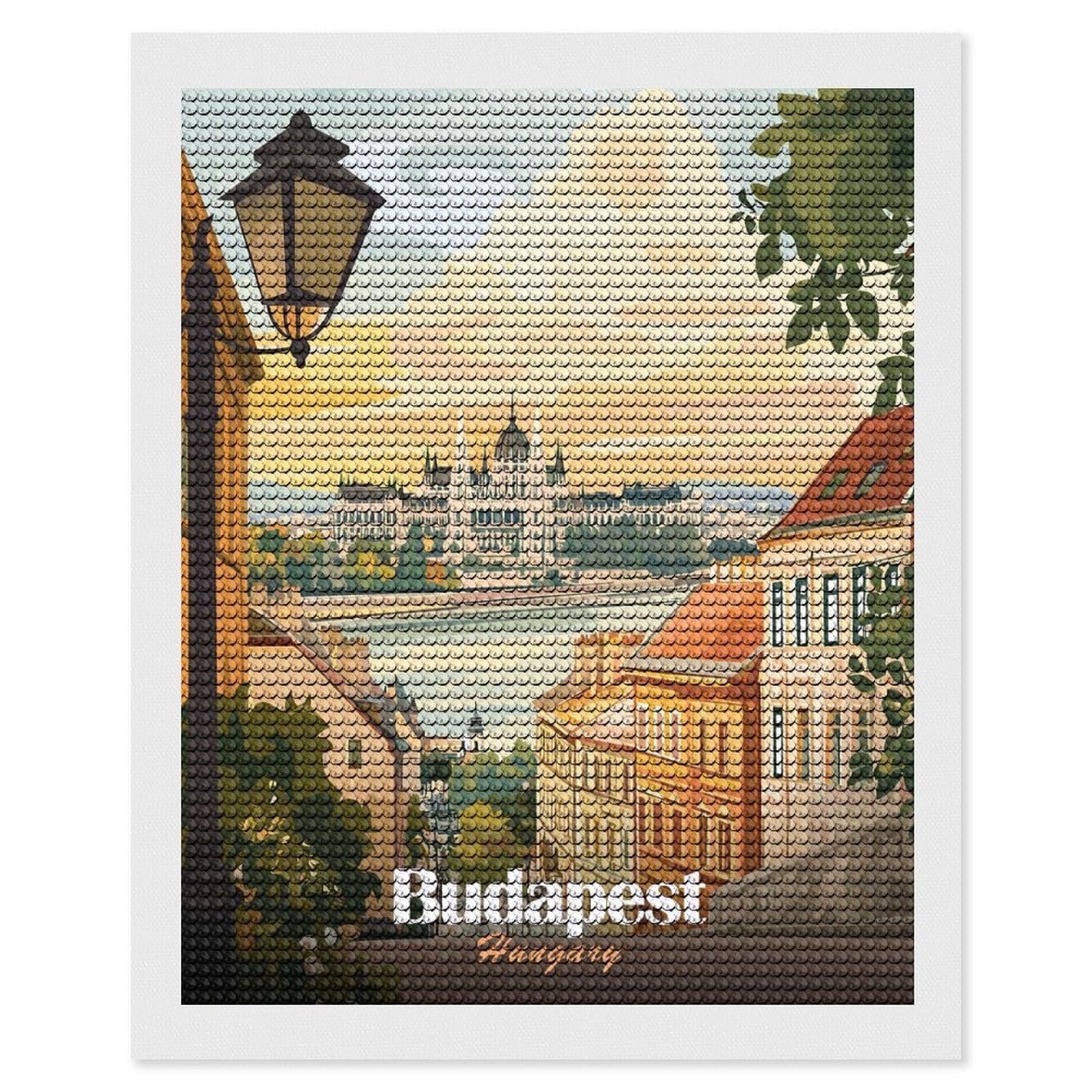 Junmoney Budapest, Hungary Cityscape Illustration(2) Diamond Art Kit 16"x20", Holiday Gift Idea, for Women, Easy Handmade Project, Vintage Style Decor, Printed Canvas