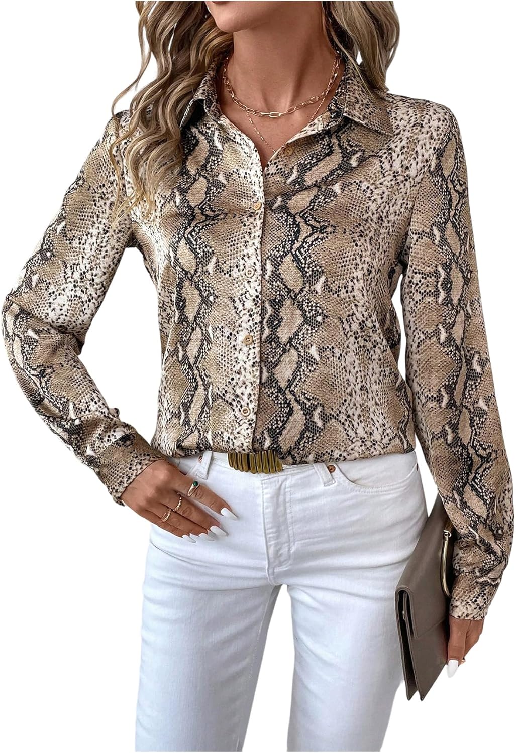 SHENHE Women's Button Down Shirt Animal Print Long Sleeve Work Blouse Business Casual Top