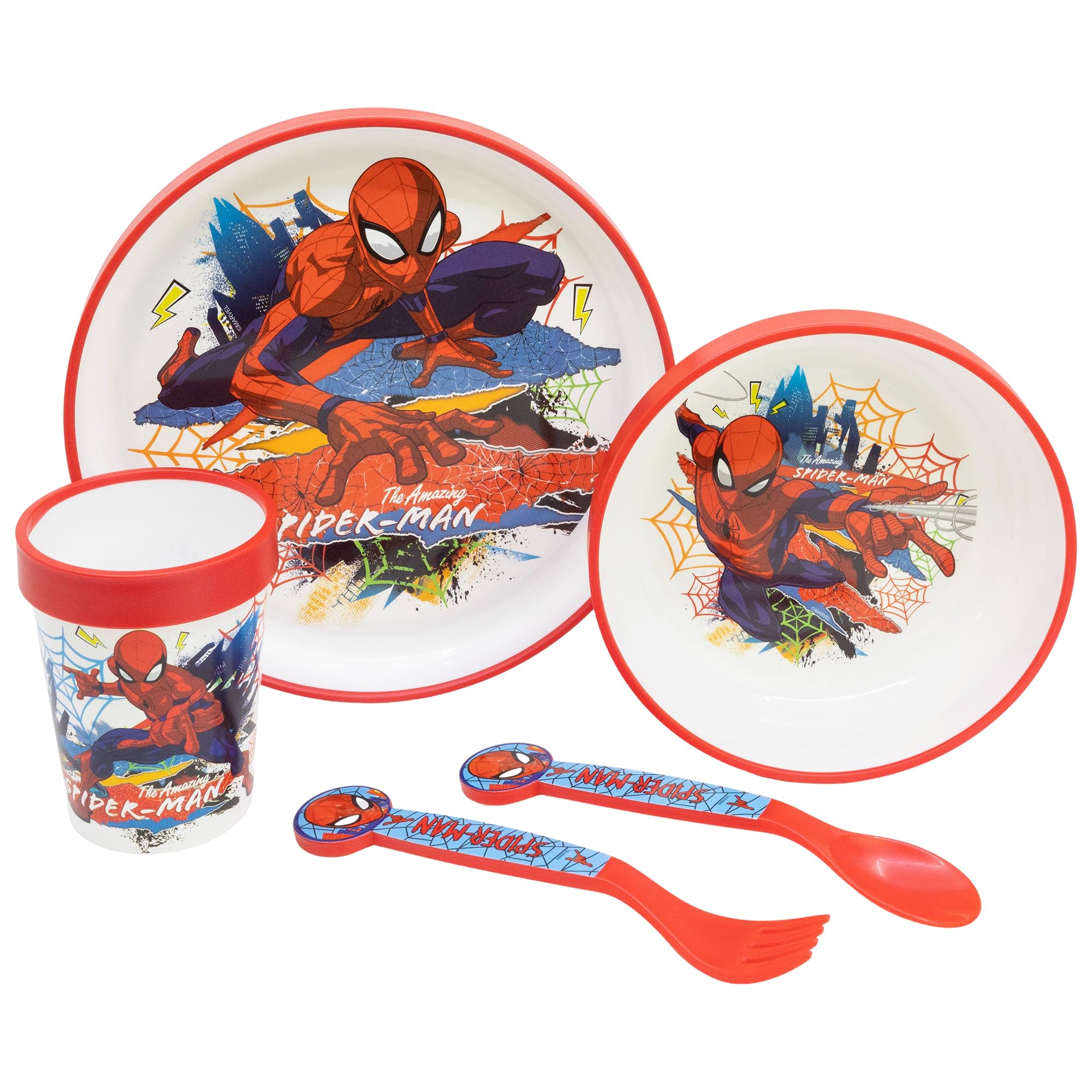 SET 5 PCS ANTIDESLIZANTE (PLATO, CUENCO, VASO Y CUBIERTOS) PREMIUM BICOLOR EN CAJA SPIDERMAN MOVING TARGET