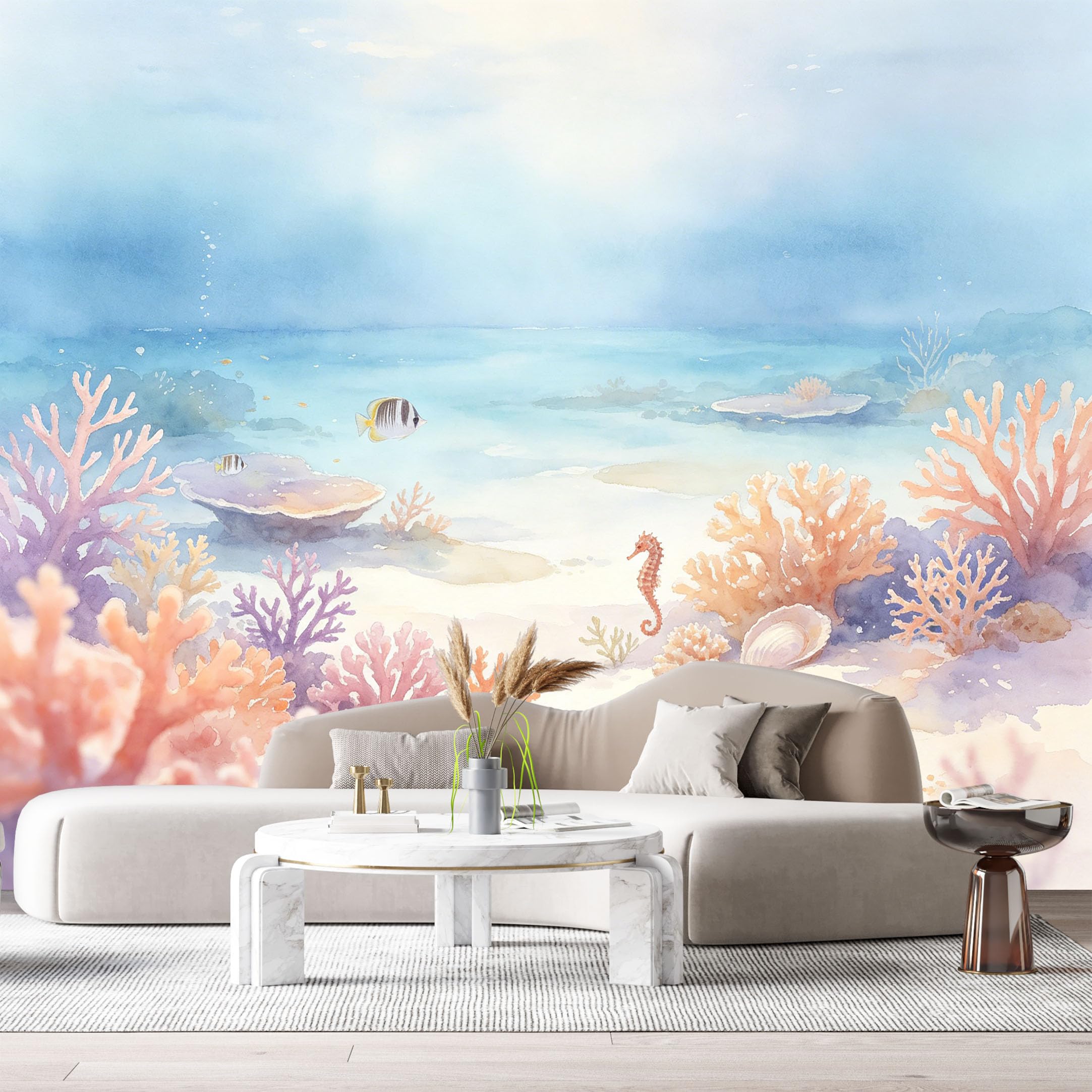 Custom Size Wall Murals Ocean Marine Watercolor Coral Reef Seahorse Shells SelfAdhesiveWall Fabric Removable Wallpaper Wall Decor for Living Room Bedroom Bathroom
