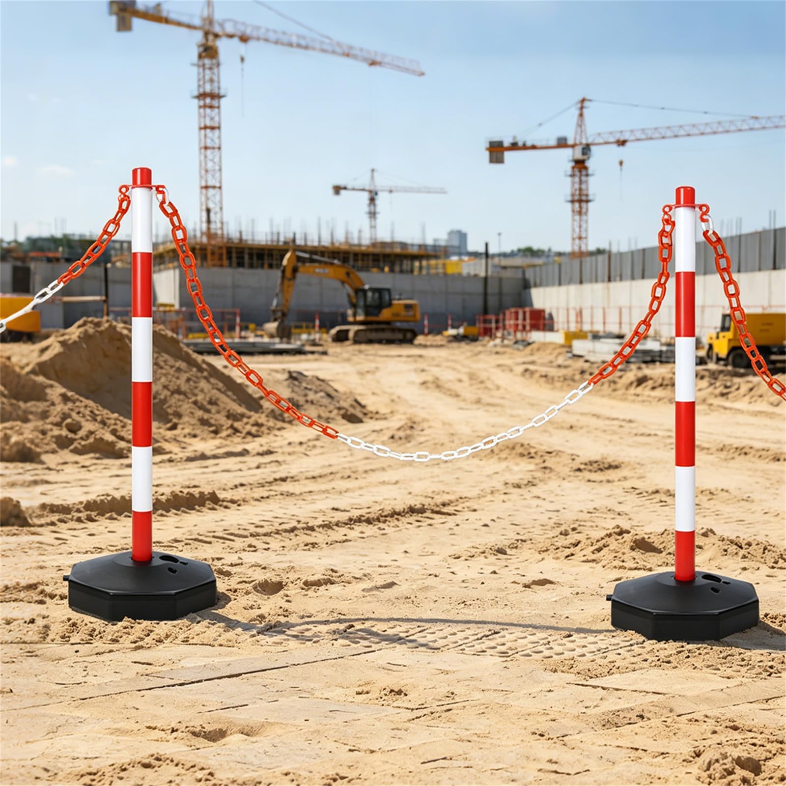 4 Stück Kettenpfosten Absperrpfosten aus Kunststoff mit Absperrkette, Kettenständer Poller Sperrpfosten mit Standfuß, parkplatz absperrung befüllbar mit Wasser und Sand