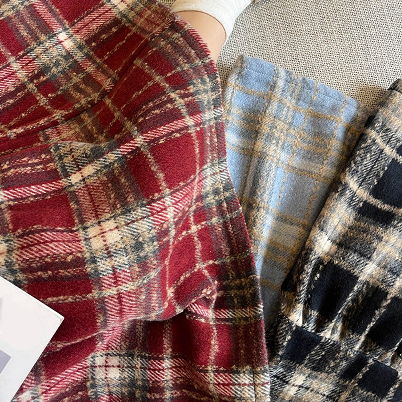 Women's Long Plaid Wool Skirt Fall Winter Midi Length Pleated Tiered Skirts Elastic High Waist A-line Tartan Skirts Wine