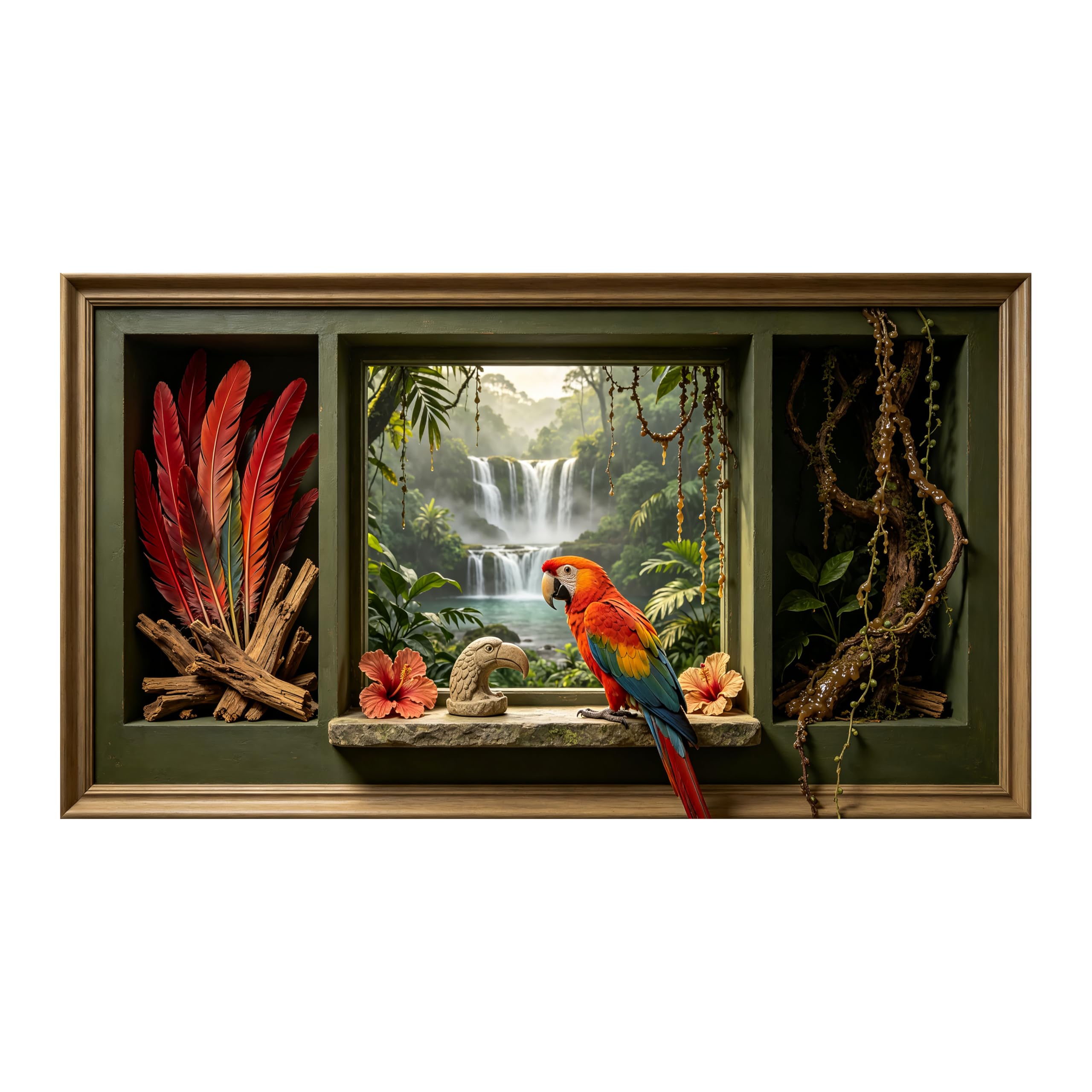 Yzpallescene 3D Framed Wall Art Tropical Parrot Waterfall Jungle Window View Large Size SelfAdhesive Removable Wall Decor Prints Artwork for Living Room Bedroom Office