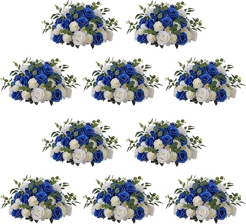 NUPTIO Ramo de arreglo de bolas de flores, 10 unidades de 17.7 pulgadas de diámetro, flores falsas azul real y blanco, bolas de rosas para centros