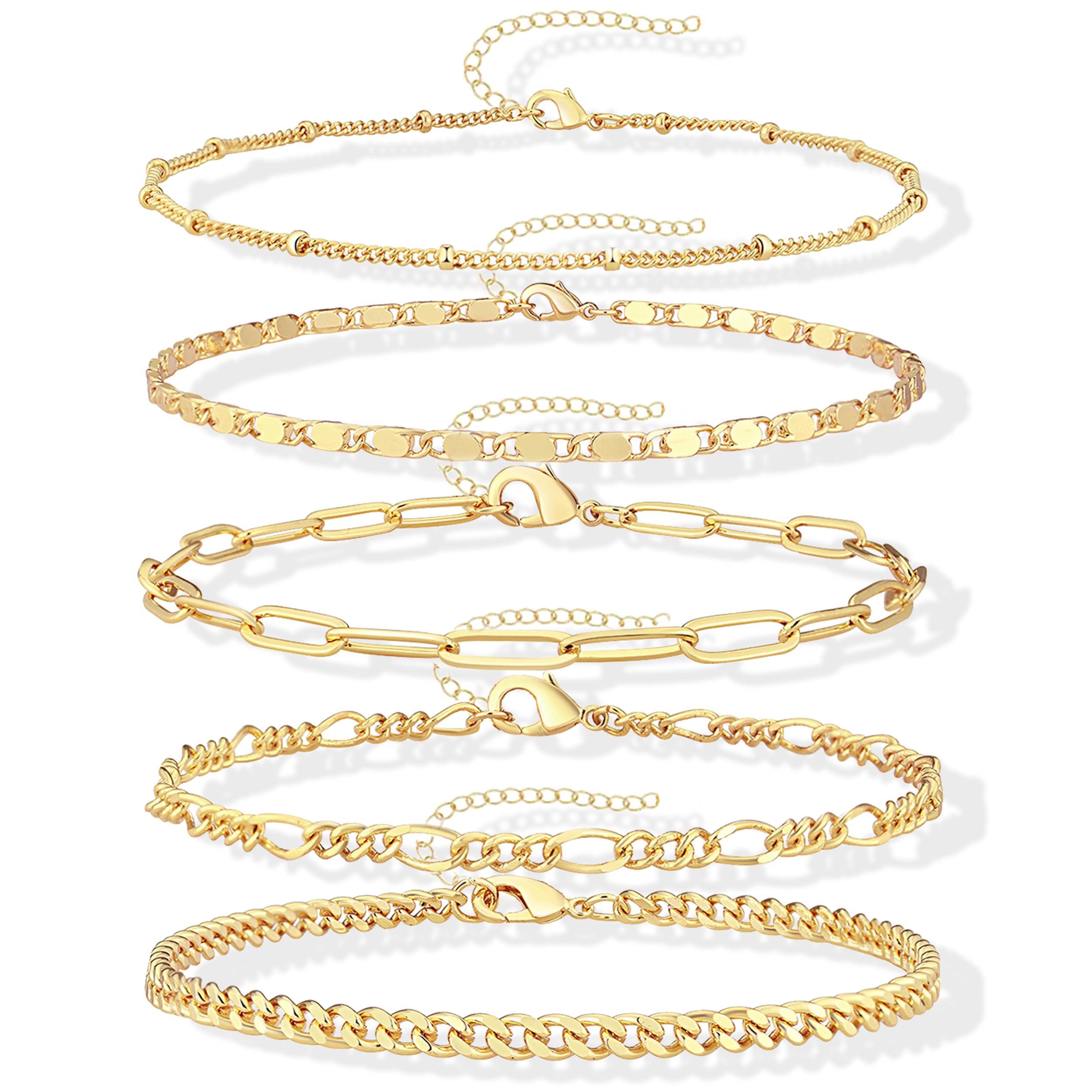 'Gokeey Dainty Gold Chain Bracelets Set for Women 14K Real Gold Plated Link Chain Bracelets for Women Trendy Gold Stackable Cuff Bracelets for Jewelry Gifts Women Adjustable 7''+2'''