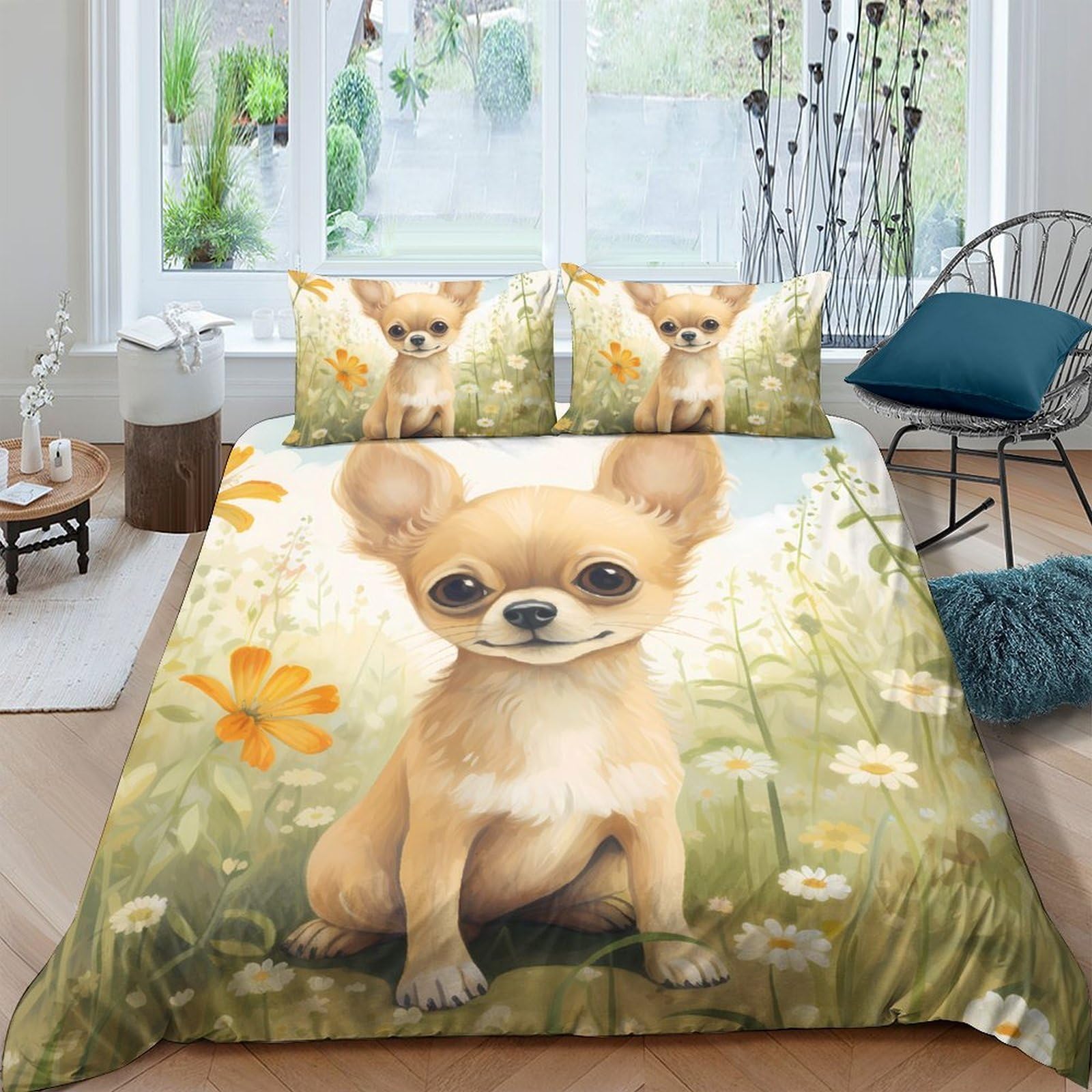 Ctjqhvkz Style-1 3D Printed Cute Chihuahua Fitted Sheet Microfiber Soft Breathable Wildflower Bed Cover For Bedroom Decor Single（135X200cm）