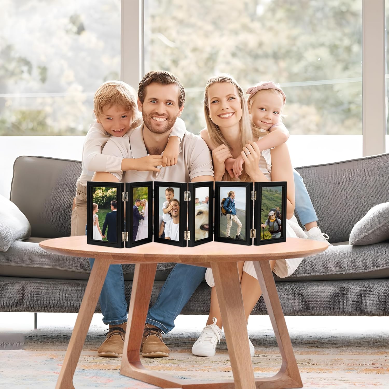 6-folding Hinged Picture Frames, 5*7 Inch High Definition Natural Wood Picture Frame, Folding Picture Frame, Rustic Desktop Acrylic Frame, Family Photo Collage for Mother's Day,Christmas, (black)