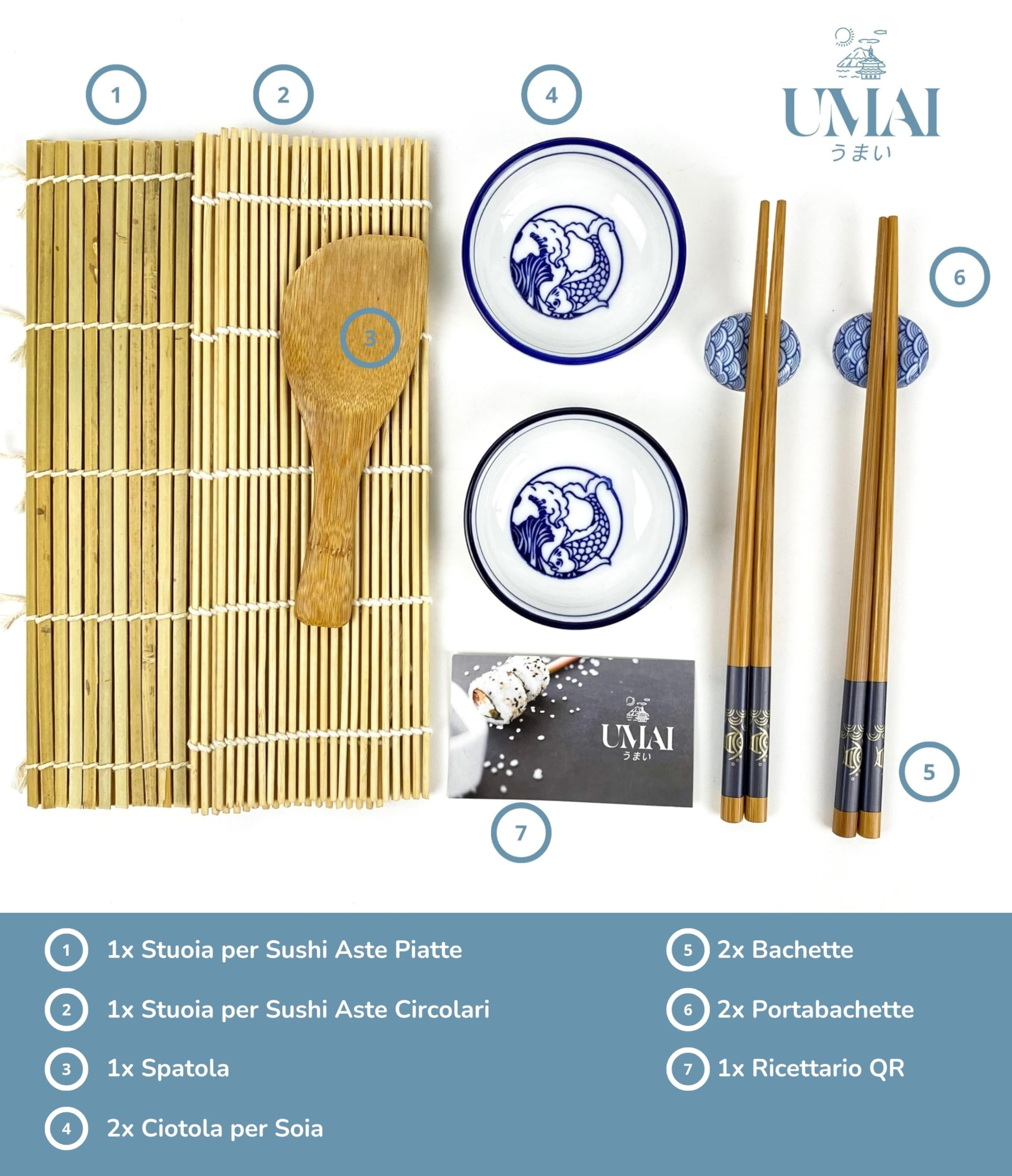 UMAI Kit Sushi | Kit per creare sushi a casa | Set 2 tappetini Sushi + Paletta + 2 set di bacchette + 2 ciotole soia + 2 supporti bastoncini + QR con ricettario