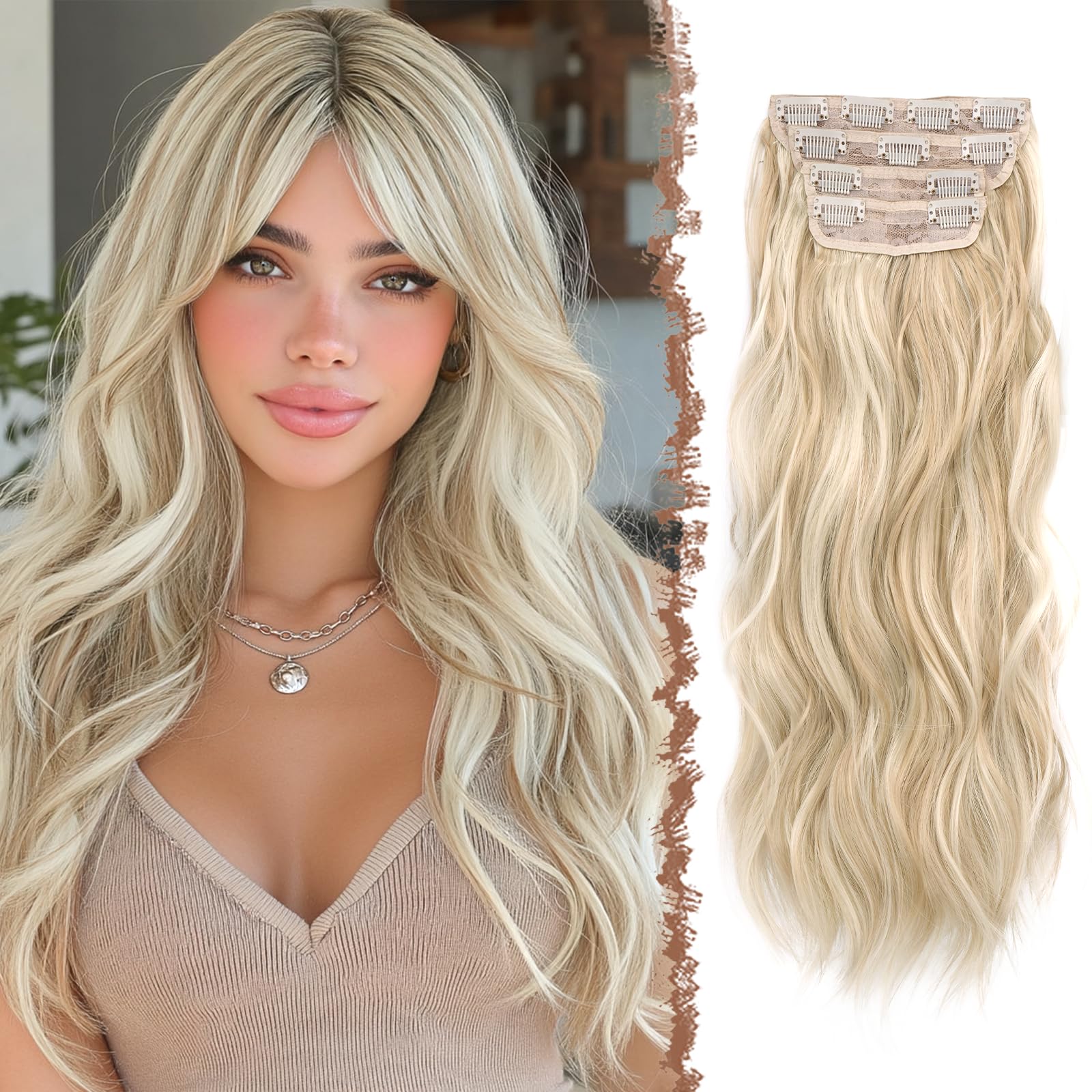 FESHFEN Clip in Extensions, 60cm 4 Stücke Lange Gewellte Hair Extensions Kunsthaar Natürliche 4PCs Synthetik Clip in Haarverlängerung für Frauen, Champagnerblond und Weißblond