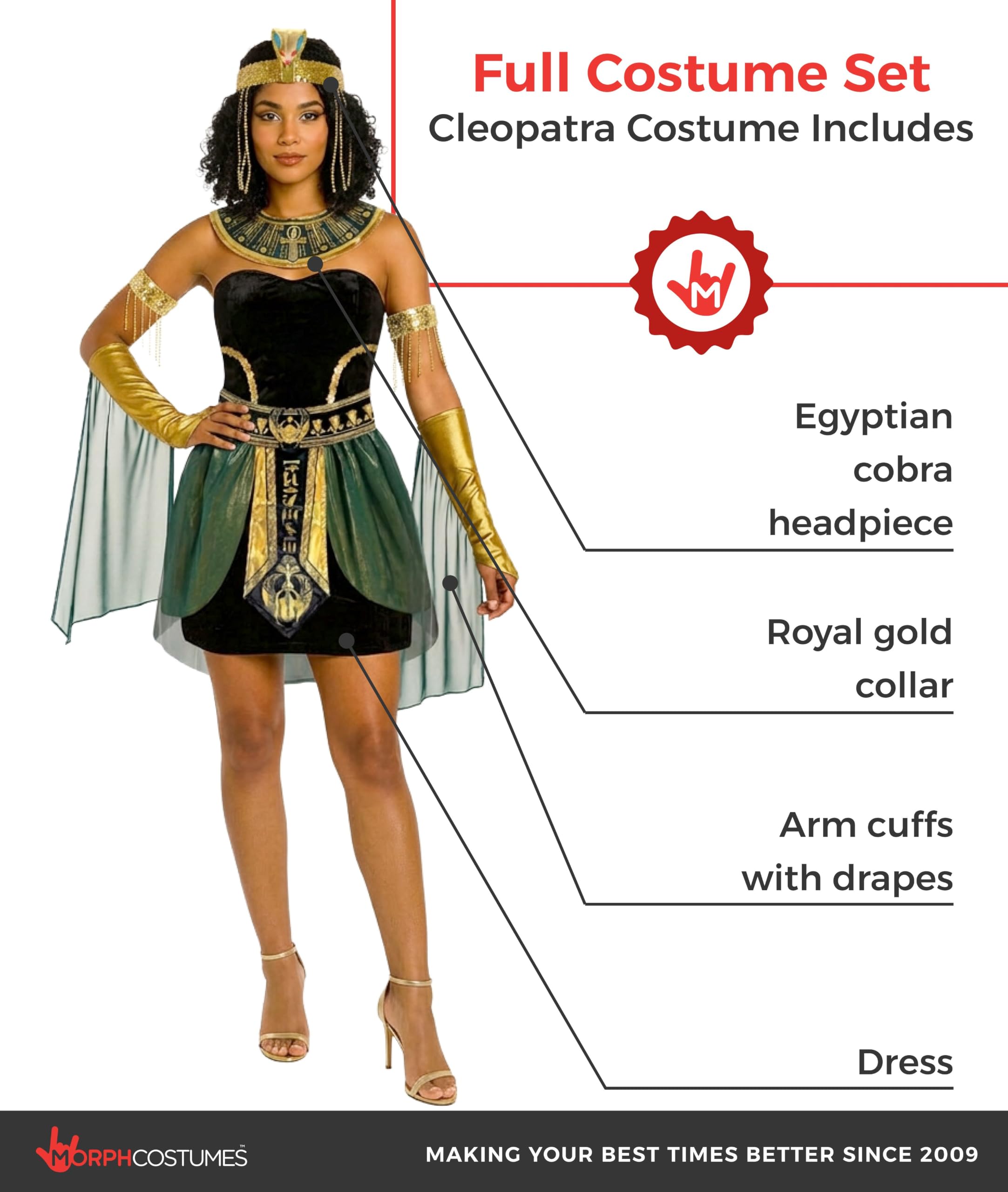 Morph Deguisement Cleopatre Femme, Costume Egyptien Halloween Femme | Robe, Brassards, Collier & Coiffe, Reine du Nil Égyptienne, À Enfiler, Parfait pour Halloween, Idéal pour se Déguiser