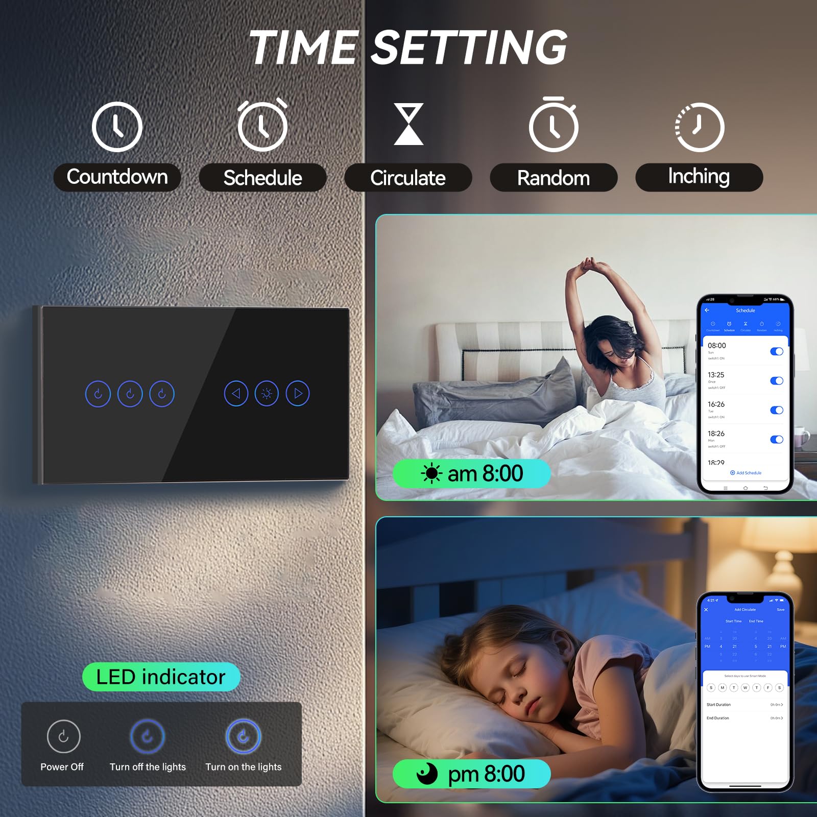 BSEED Interruttore WIFI Tattile e Interruttore Dimmer WIFI Alexa 3 Gang 1 Via, Interruttore Smart Compatibile con Google Home, Interruttore a Parete Nero(Richiesto la Linea Neutra)