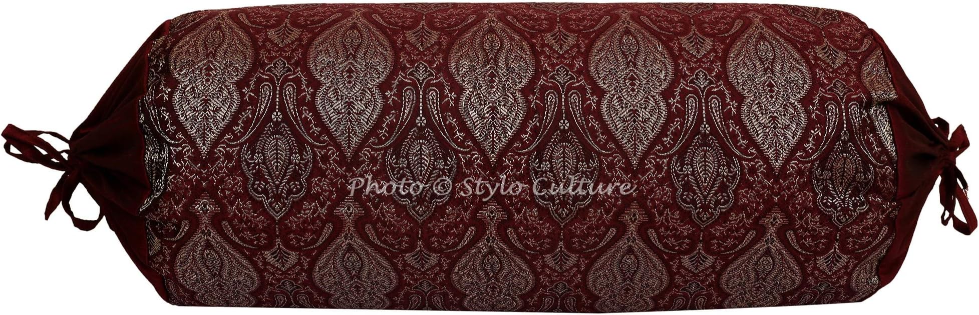 Indian Polydupion Cylindrical Yoga Bolster Pillow Case Maroon Brocade Jacquard Damask Large Sofa Round Cylinder Cushion Cover (1 Pc) | 30x15 Inches (76x38 cm)