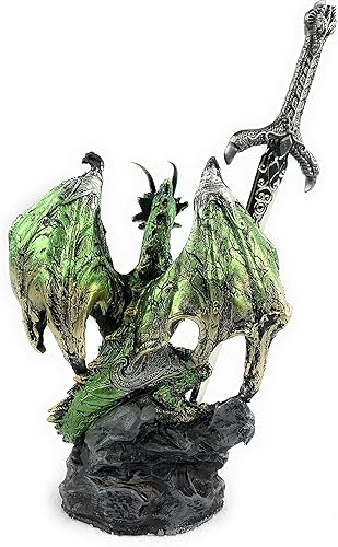 Miniatura 3 de Ain't It Nice Estatua medieval de dragón con espada y bola de cristal, decoración coleccionable de fantasía, verde 4 (L) 2 (ancho) 7 pulgadas (alto)