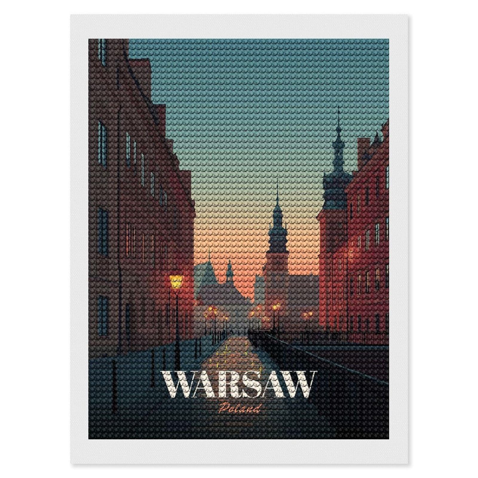 Junmoney Warsaw, Poland Cityscape at Dusk Diamond Painting Set 12"x16", Sparkling Round Gems, Decorate Your Room, Fun Craft Experience, Modern Decor