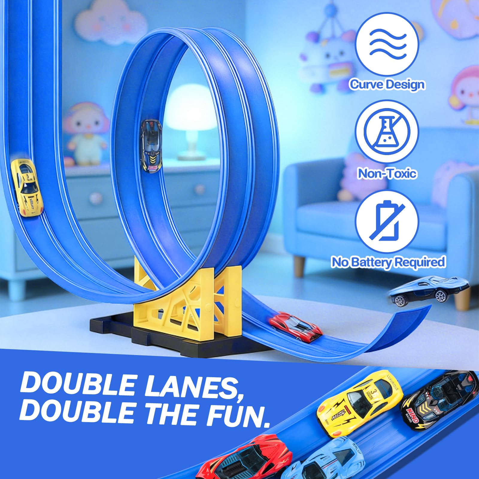 4.5 Metri Piste Macchinine per Bambini, Pista Flessibile Macchinine con 4 Macchinine e 4 Rampe e 4 Ventose e 1 Borsa Portaoggetti, per 3 4 5 6 Anni Bambino e Bambine (Blu)